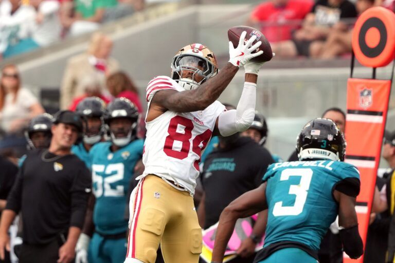 San Francisco 49ers wide receiver Kendrick Bourne (84) catches a pass against Jacksonville Jaguars cornerback Tyson Campbell (3) during the fourth quarter at Levi's Stadium.