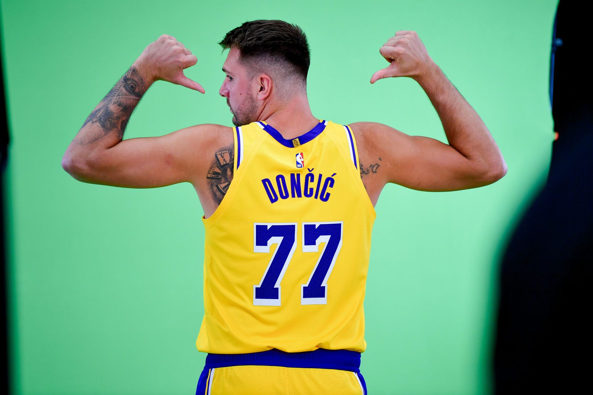 Los Angeles Lakers guard Luka Doncic (77) during media day at UCLA Health Training Center.