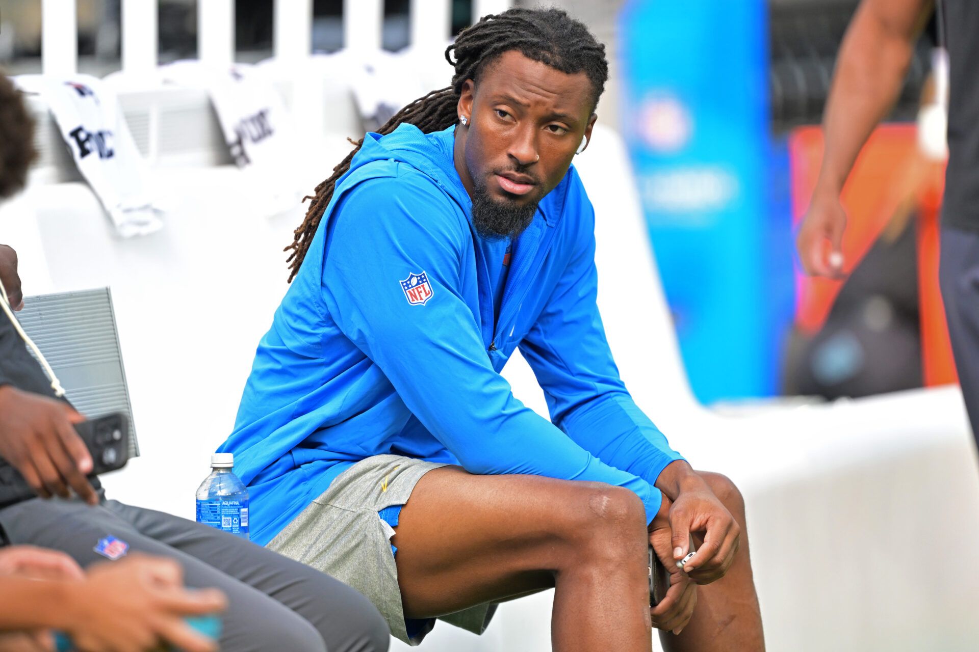 Los Angeles Chargers wide receiver Quentin Johnston (1) sits on the bench prior to the game against the Washington Commanders at SoFi Stadium.