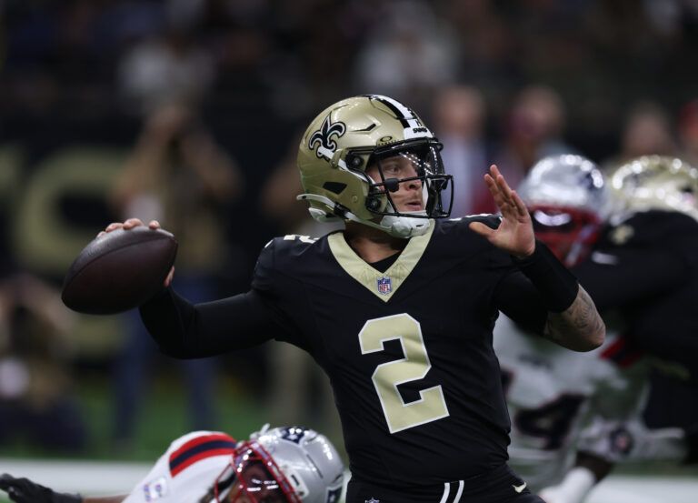 New Orleans Saints quarterback Spencer Rattler (2) throws during the first quarter against the New England Patriots at Caesars Superdome.