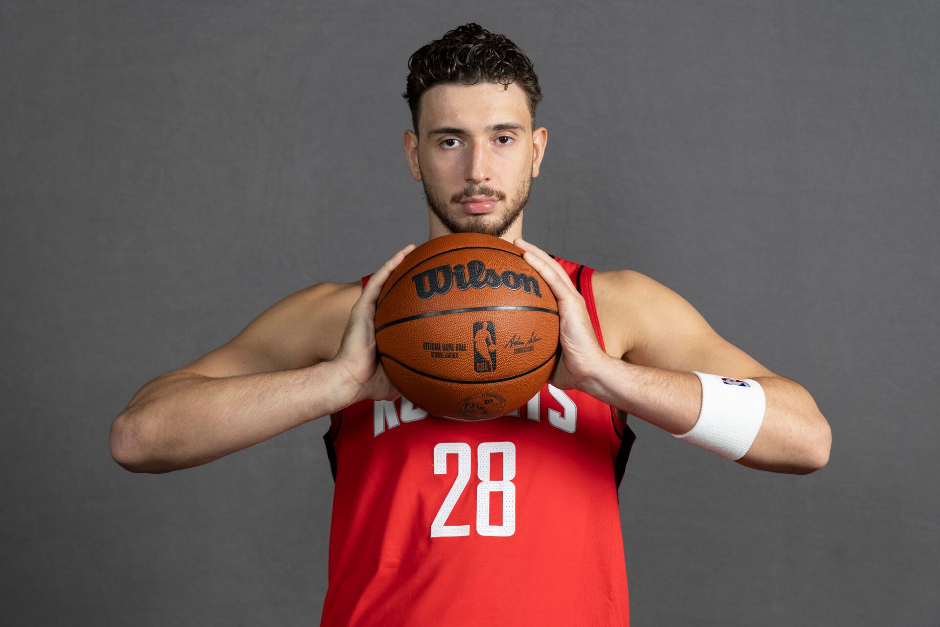 Houston Rockets center Alperen Sengun (28) poses for a picture during Houston Rockets media day at Toyota Center.