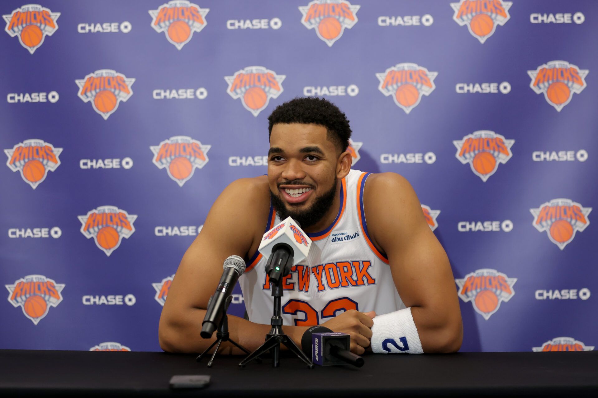 New York Knicks center Karl-Anthony Towns speaks to the media during a media day press conference at the Madison Square Garden training center.