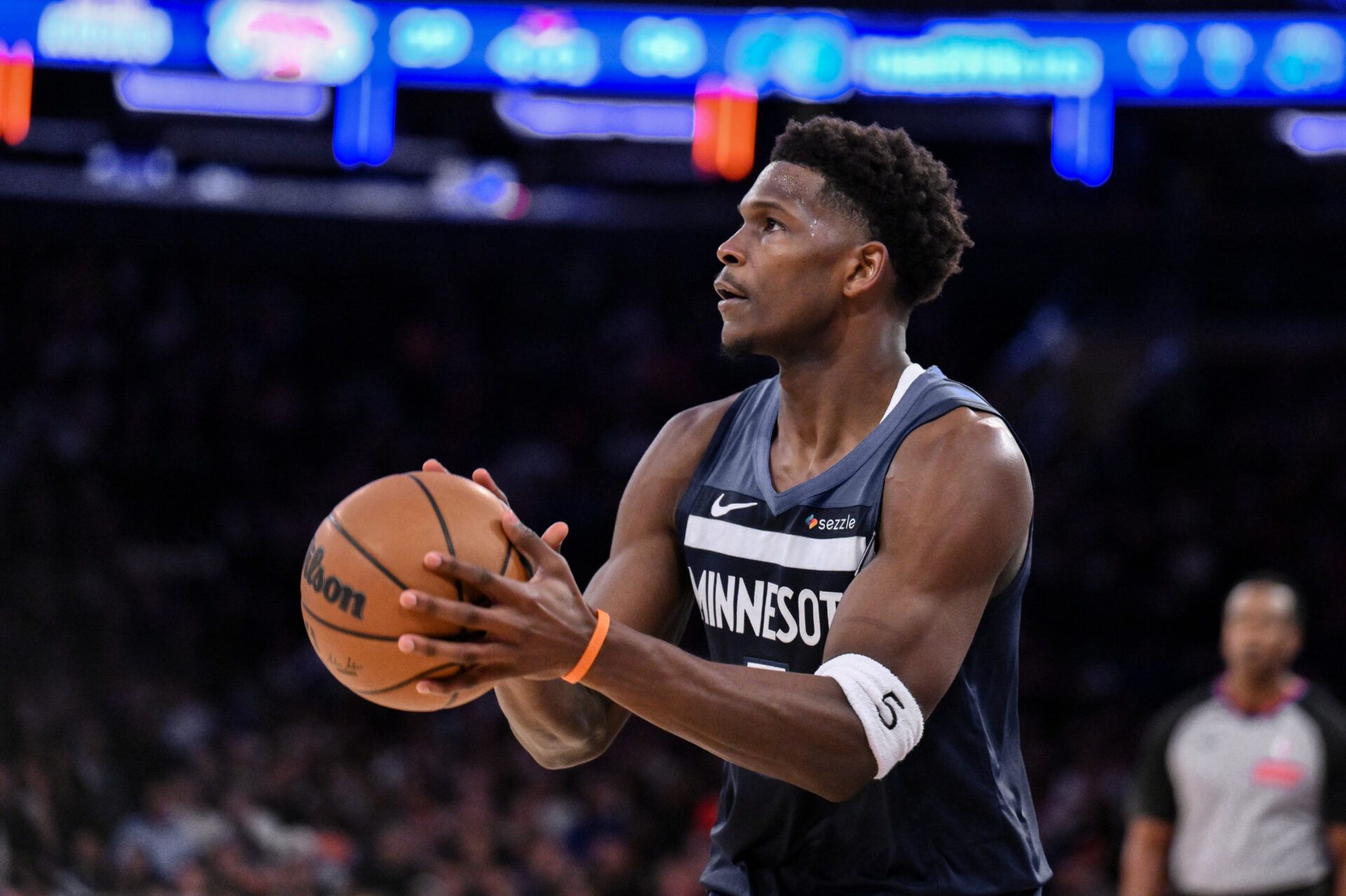 Minnesota Timberwolves guard Anthony Edwards (5) shoots the ball against the New York Knicks during the first half at Madison Square Garden.