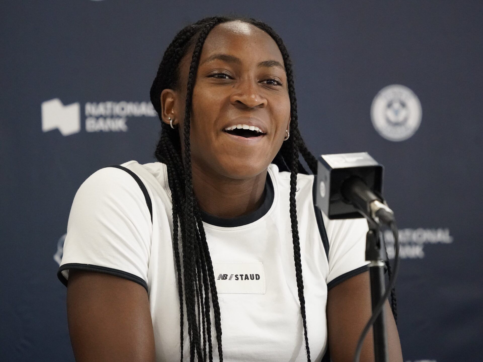 Coco Gauff (USA) speaks at press conference after her match at Sobeys Stadium.