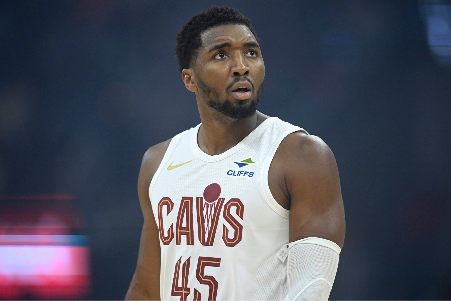 Cleveland Cavaliers guard Donovan Mitchell (45) stands on the court in the first quarter against the Detroit Pistons at Rocket Arena.