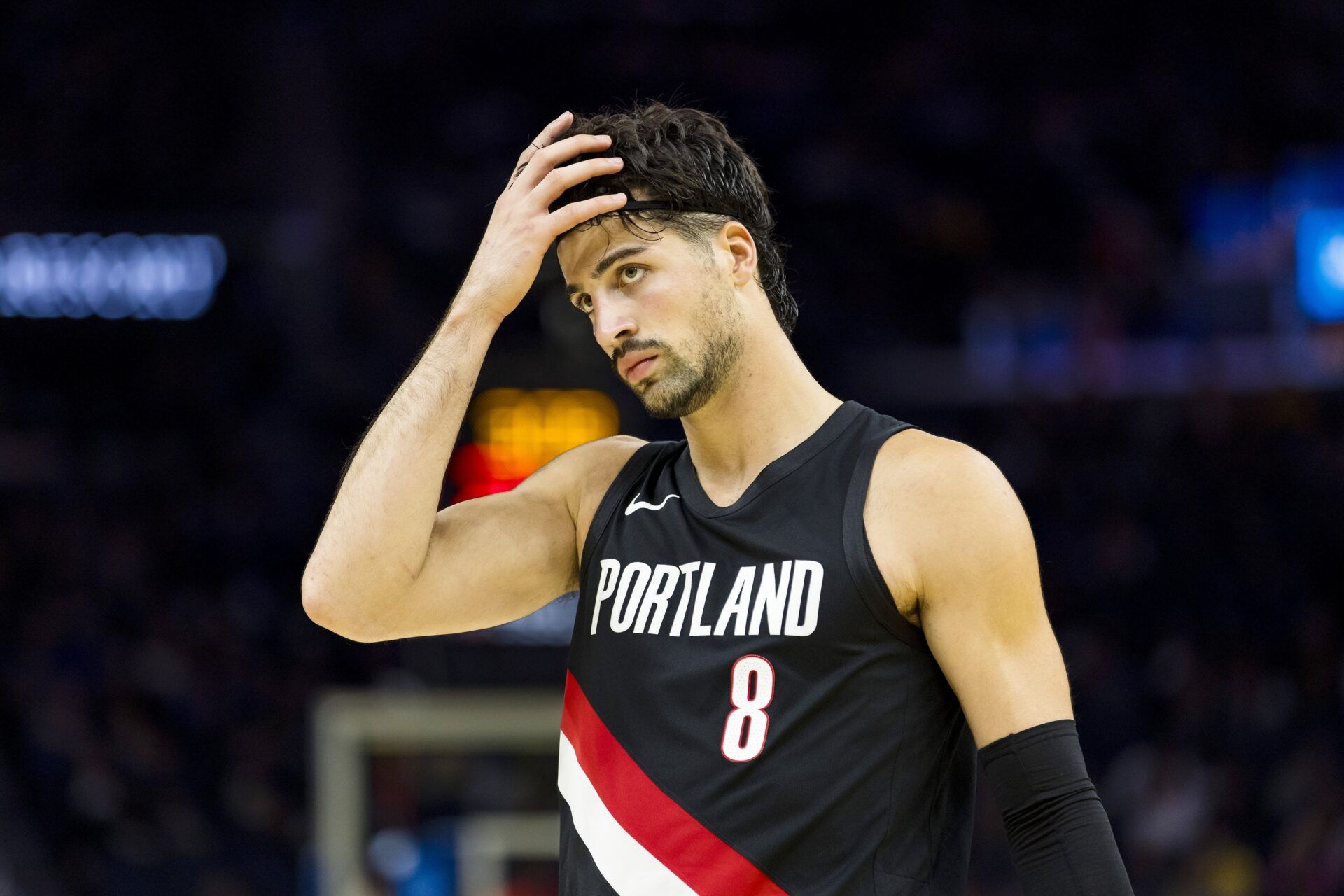 Portland Trail Blazers forward Deni Avdija (8) reacts during the second quarter against the Golden State Warriors at Chase Center.