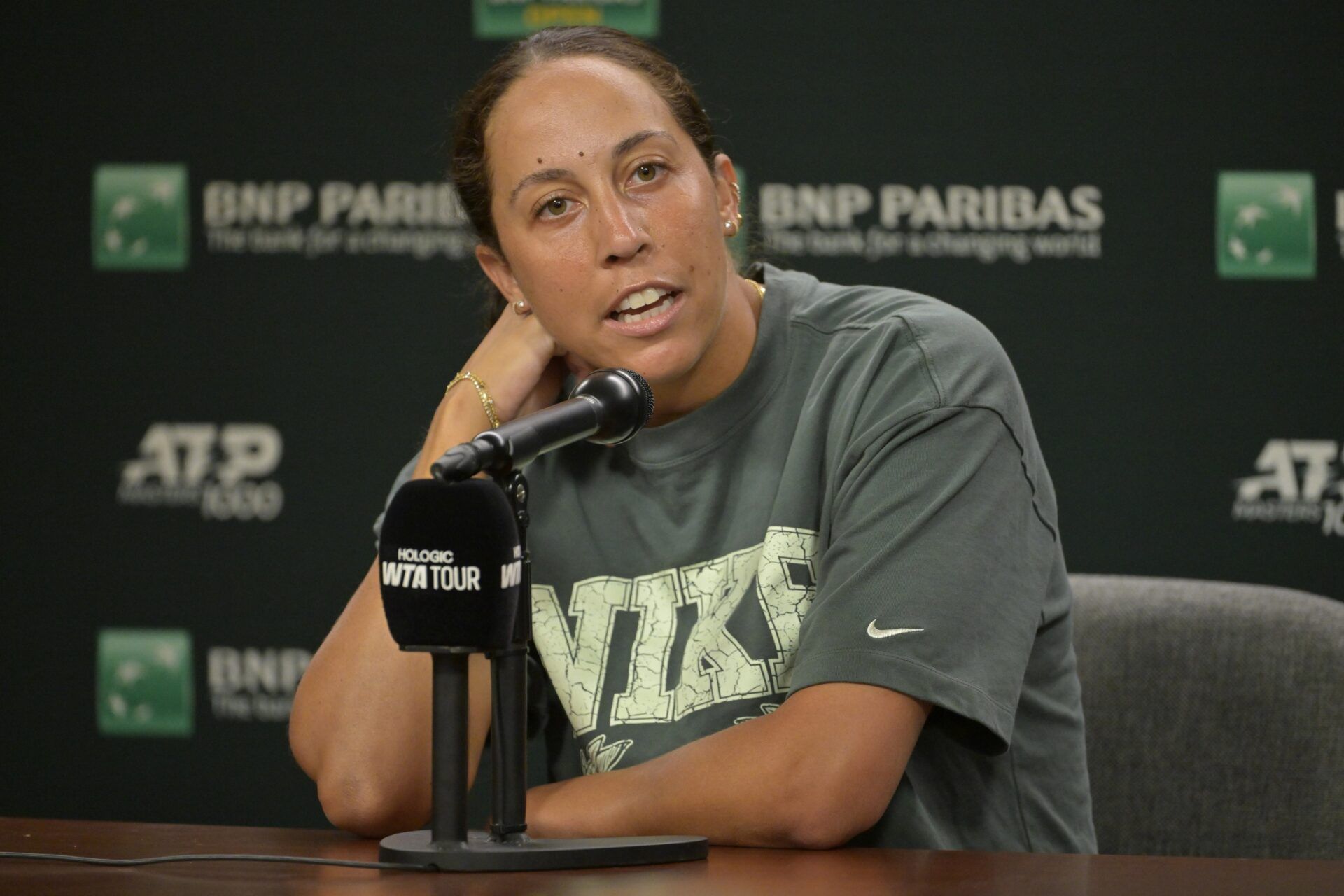Madison Keys (USA) talks to media during a news conference during the BNP Paribas Open at the Indian Well Tennis Garden.