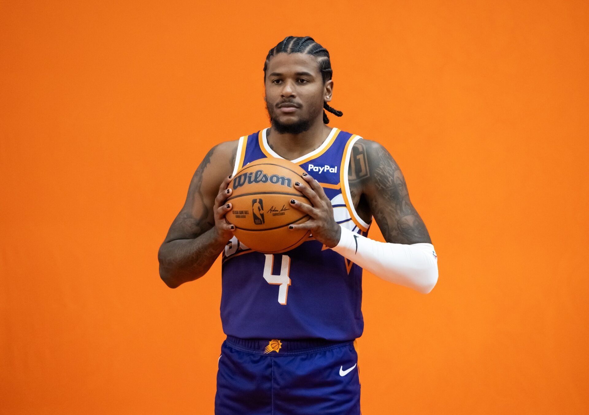 Phoenix Suns guard Jalen Green (4) poses for portrait during Media Day at PHX Arena.