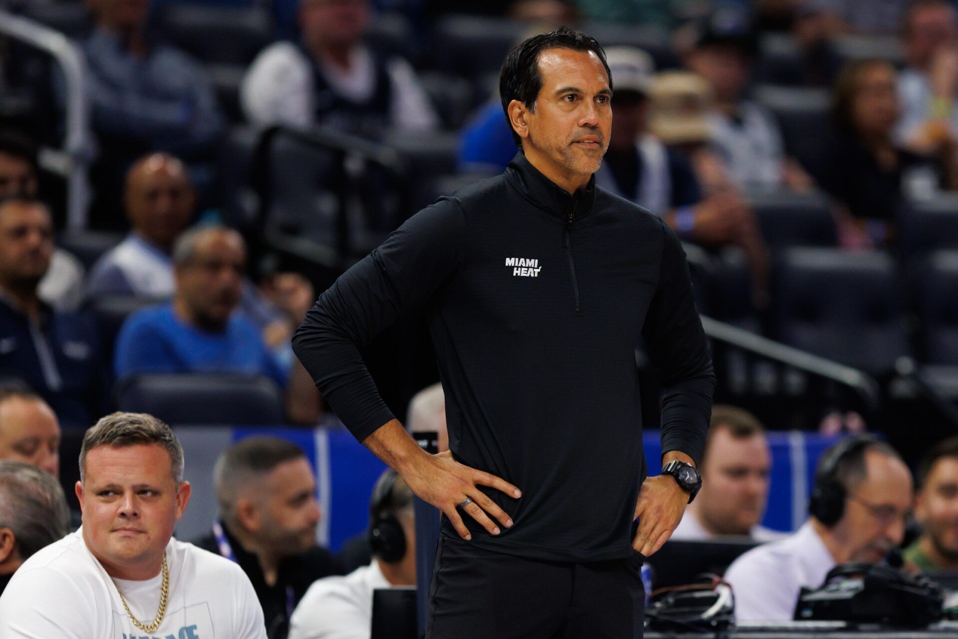 Miami Heat Head Coach Erik Spoelstra looks on against the Orlando Magic during the first half at Kia Center.