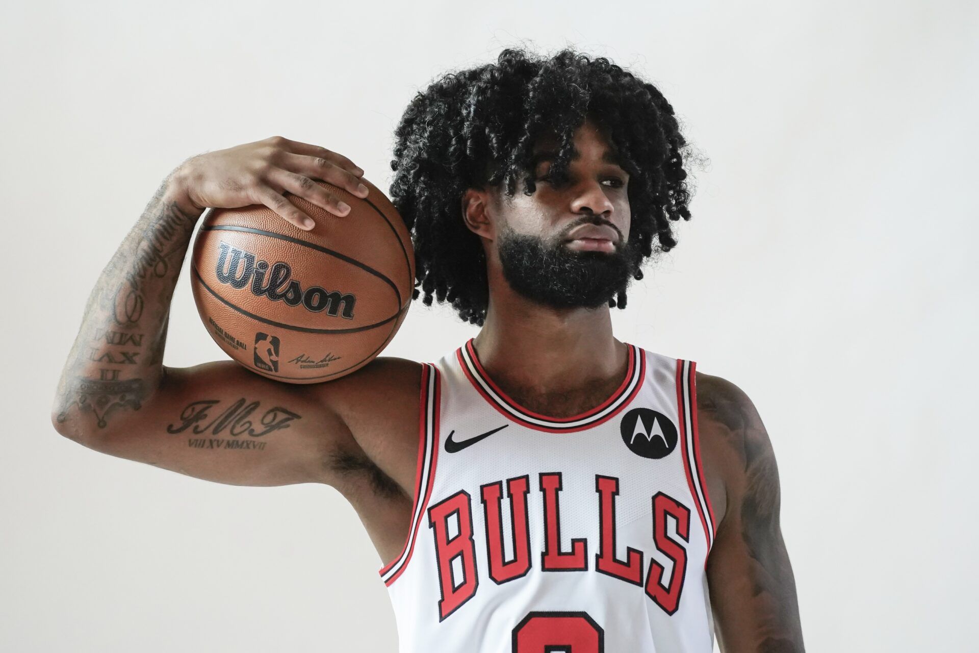 Chicago Bulls guard Coby White (0) poses for photos during Chicago Bulls Media Day.