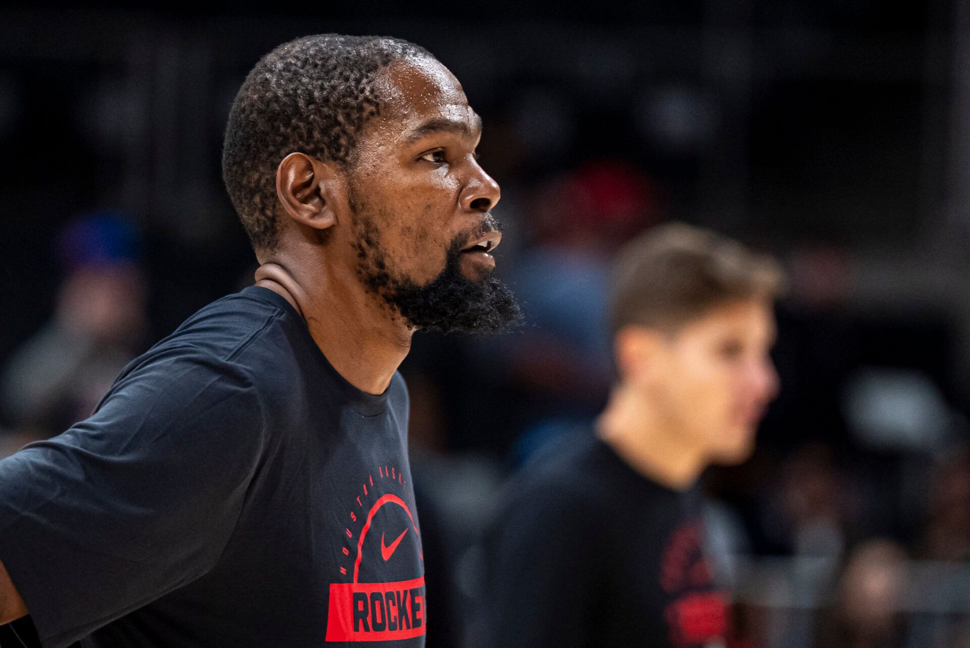 Houston Rockets forward Kevin Durant (7) warms up prior to the game against the Atlanta Hawks at State Farm Arena.