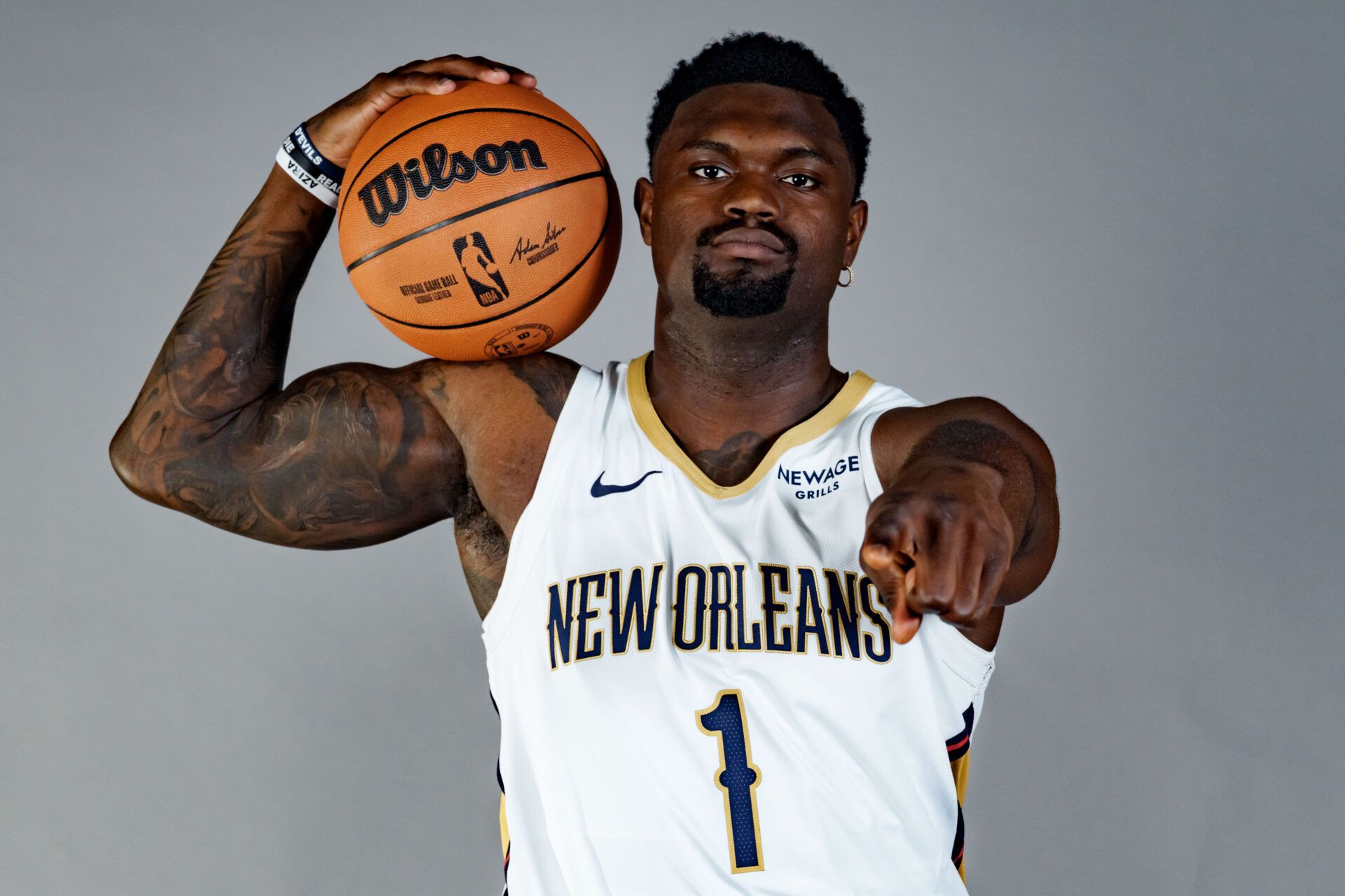 New Orleans Pelicans forward Zion Williamson (1) takes part in media day at Ochsner Sports Performance Center.