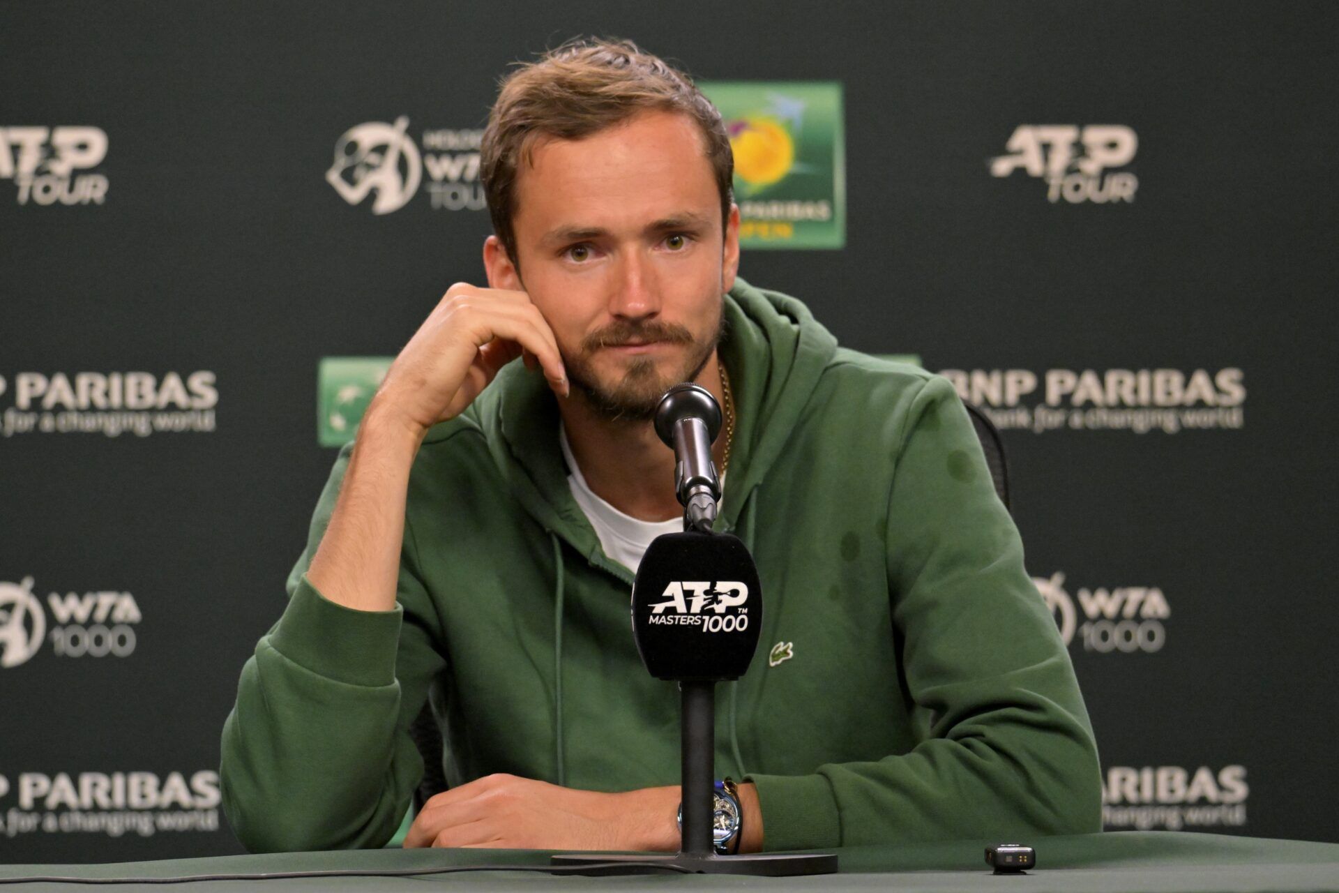 Daniil Medvedev (RUS) answers questions from the media during a press conference during the BNP Paribas Open at the Indian Wells Tennis Garden.