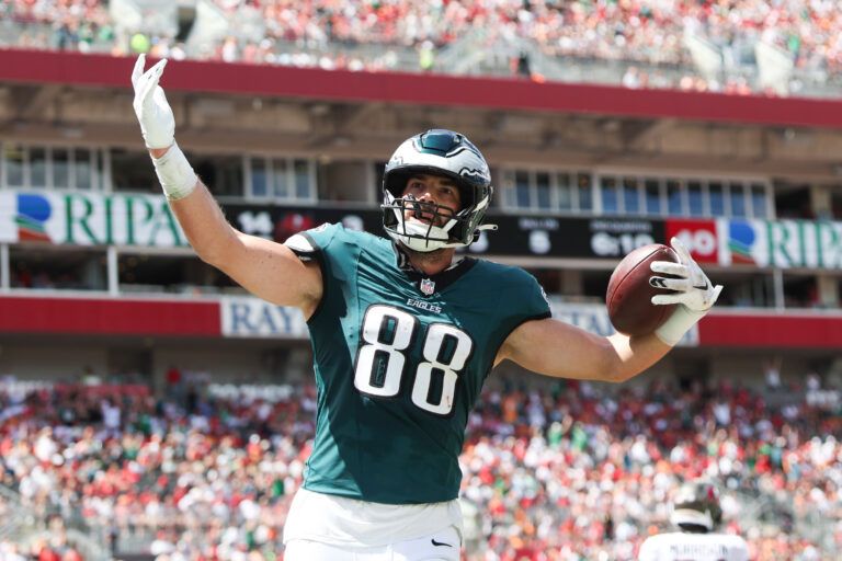 Philadelphia Eagles tight end Dallas Goedert (88) celebrates a touchdown in the second quarter against the Tampa Bay Buccaneers at Raymond James Stadium.