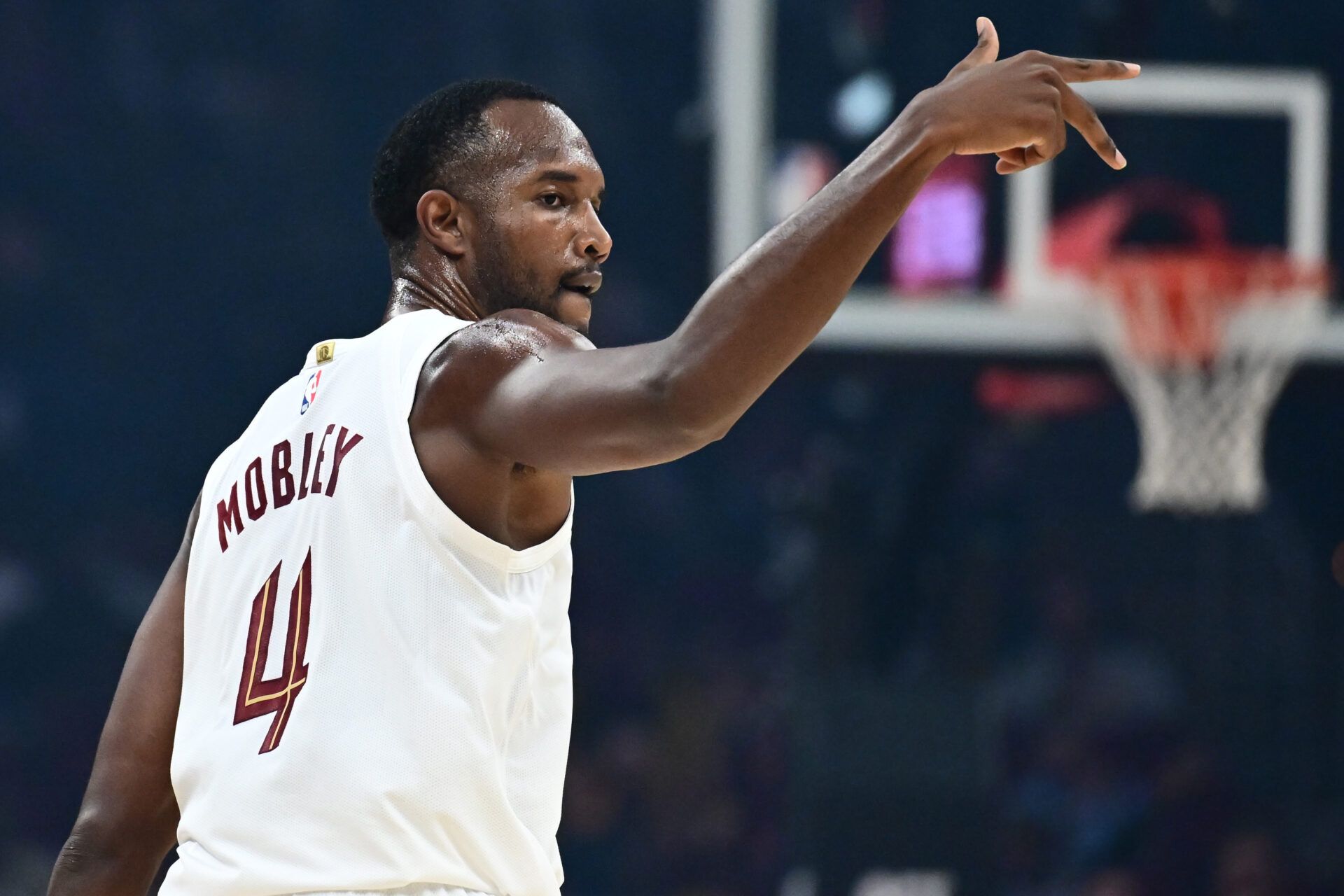 Cleveland Cavaliers forward Evan Mobley (4) celebrates after hitting a three point basket during the first quarter against the Chicago Bulls at Rocket Arena.