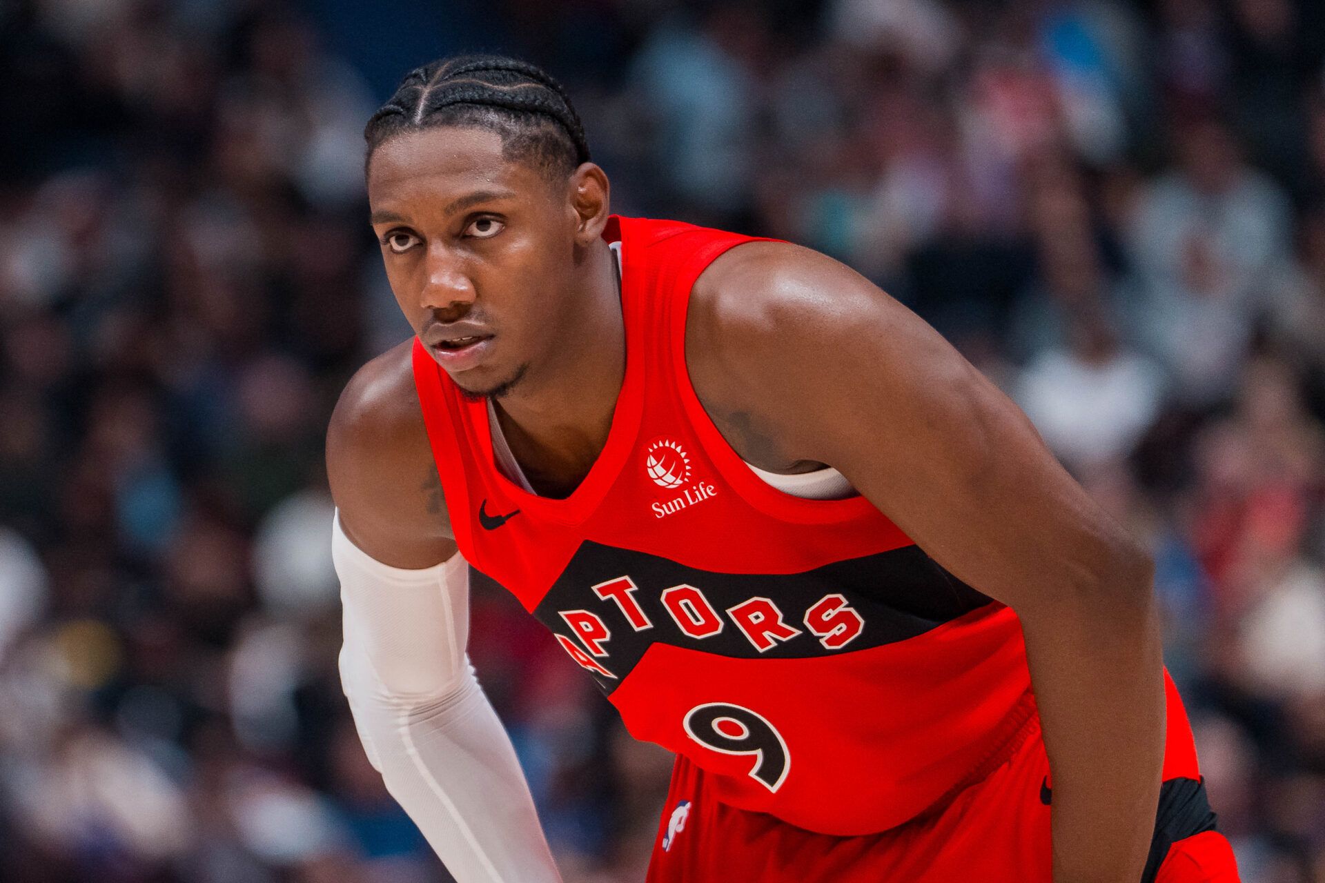 Toronto Raptors guard RJ Barrett (9) during a stop in play against the Denver Nuggets in the first half at Rogers Arena.