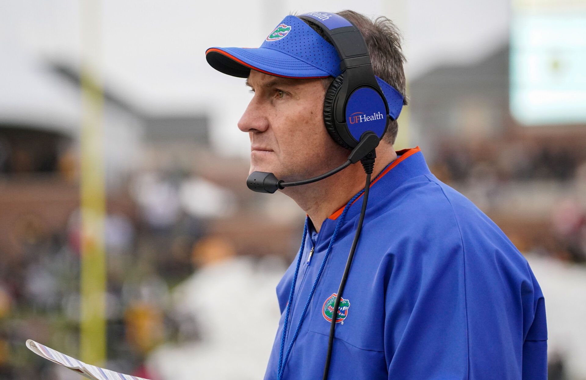 Florida Gators head coach Dan Mullen watches play against the Missouri Tigers during the game at Faurot Field at Memorial Stadium.