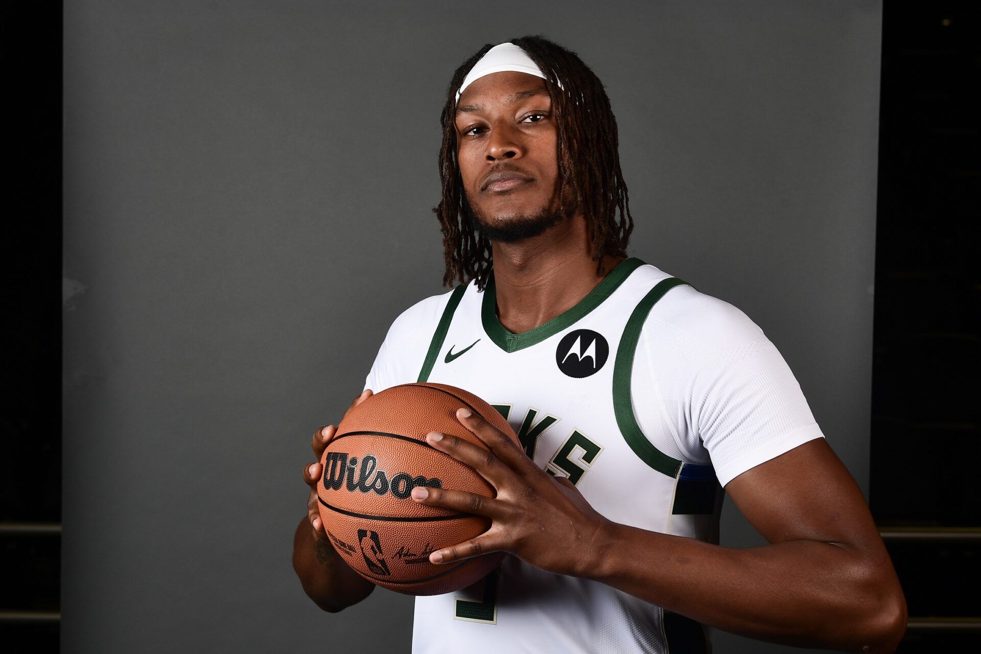 Milwaukee Bucks center Myles Turner (3) poses for a picture during Milwaukee Bucks Media Day at the Fiserv Forum.