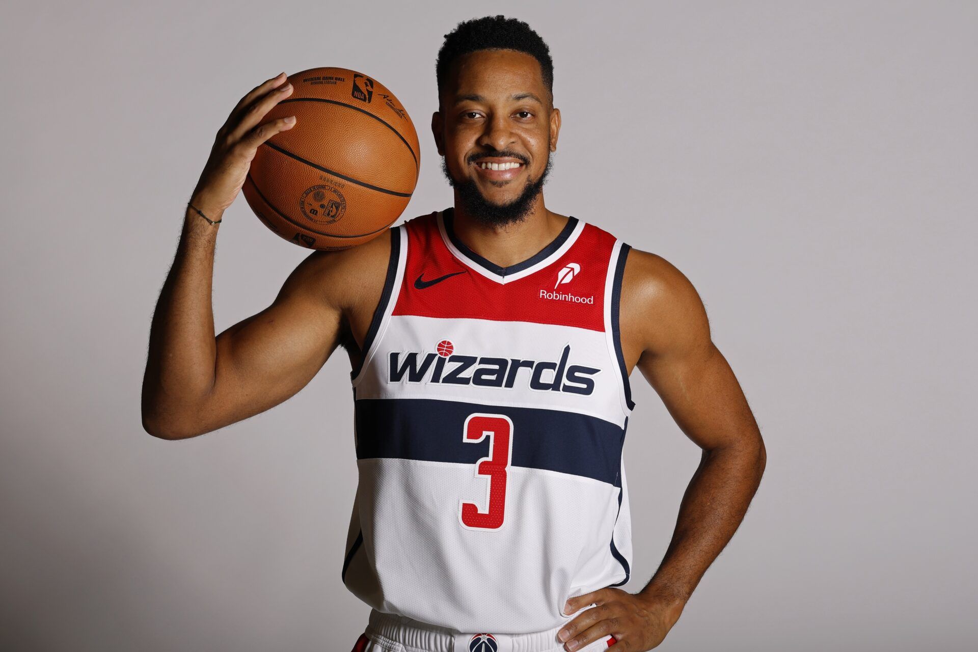 Washington Wizards guard CJ McCollum (3) poses for a portrait during Wizards Media Day at CareFirst Arena.