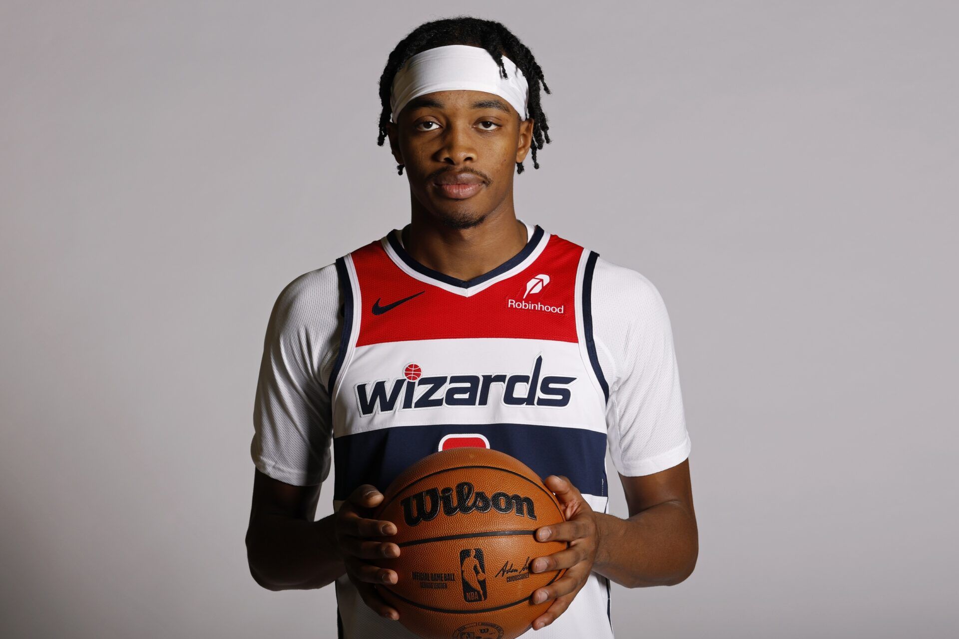 Washington Wizards guard Bilal Coulibaly (0) poses for a portrait during Wizards Media Day at CareFirst Arena.