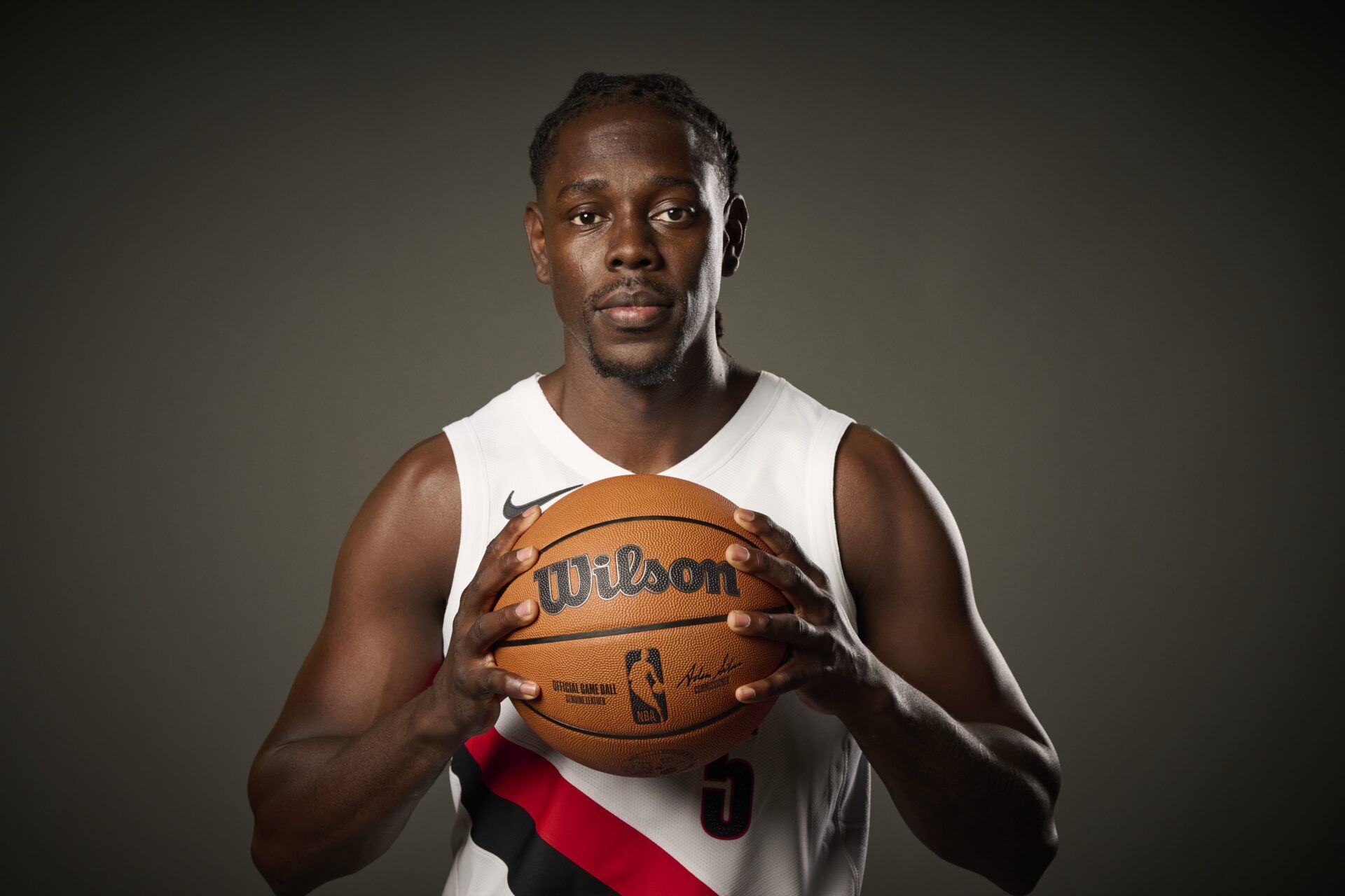 Portland Trail Blazers guard Jrue Holiday (5) during media day at the Moda Center.