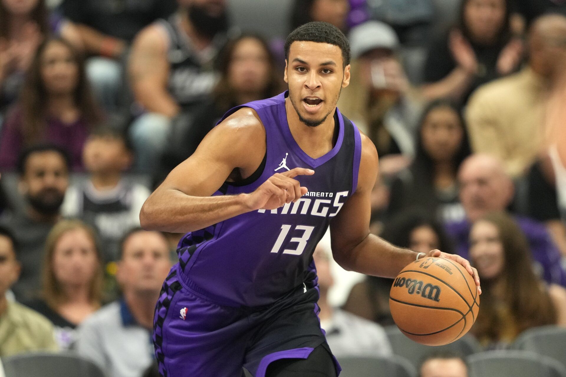 Sacramento Kings forward Keegan Murray (13) dribbles against the Los Angeles Clippers during the first quarter at Golden 1 Center.
