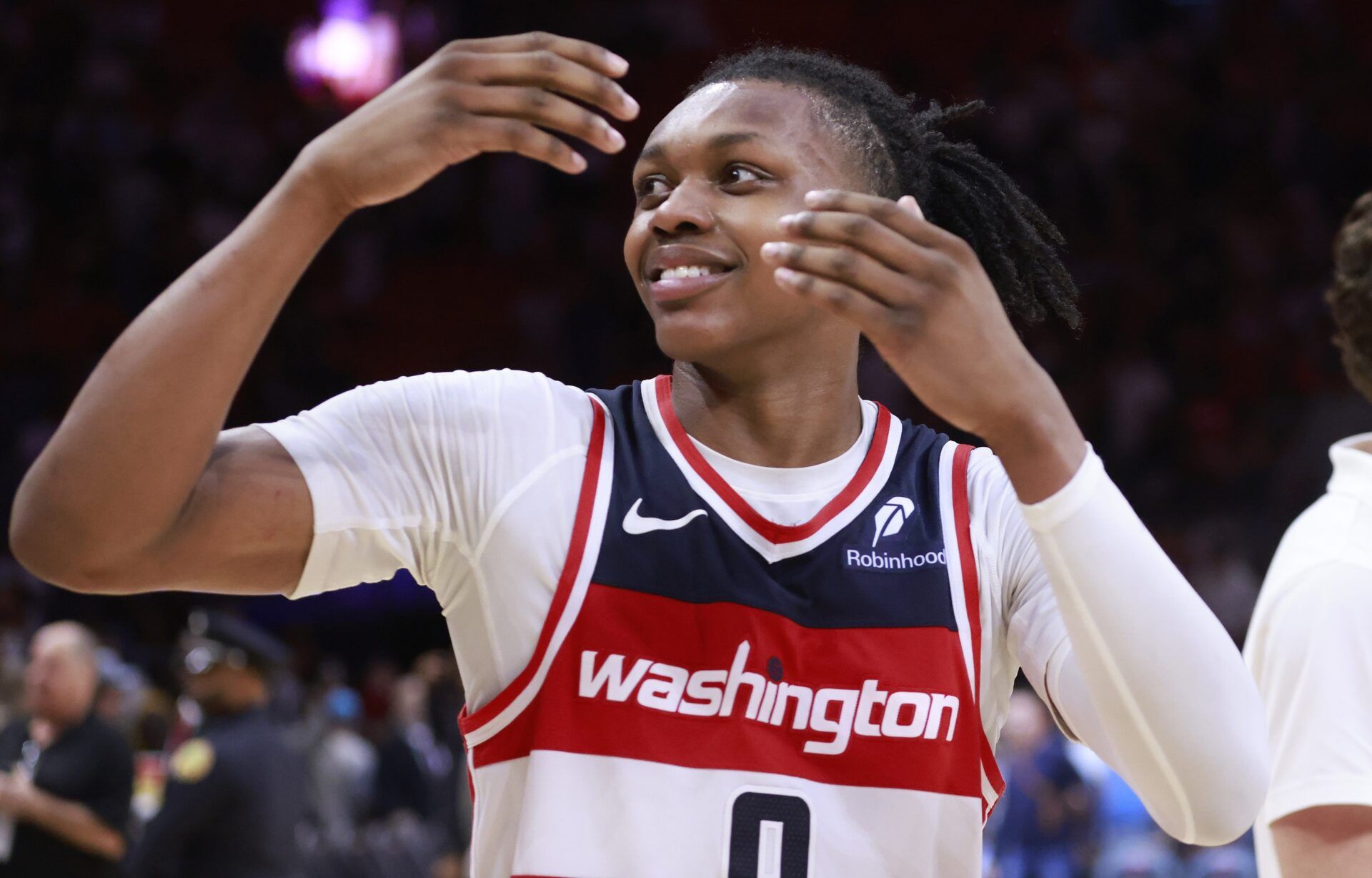 Washington Wizards guard Bub Carrington (8) celebrates the Wizards win against the Miami Heat at Kaseya Center.
