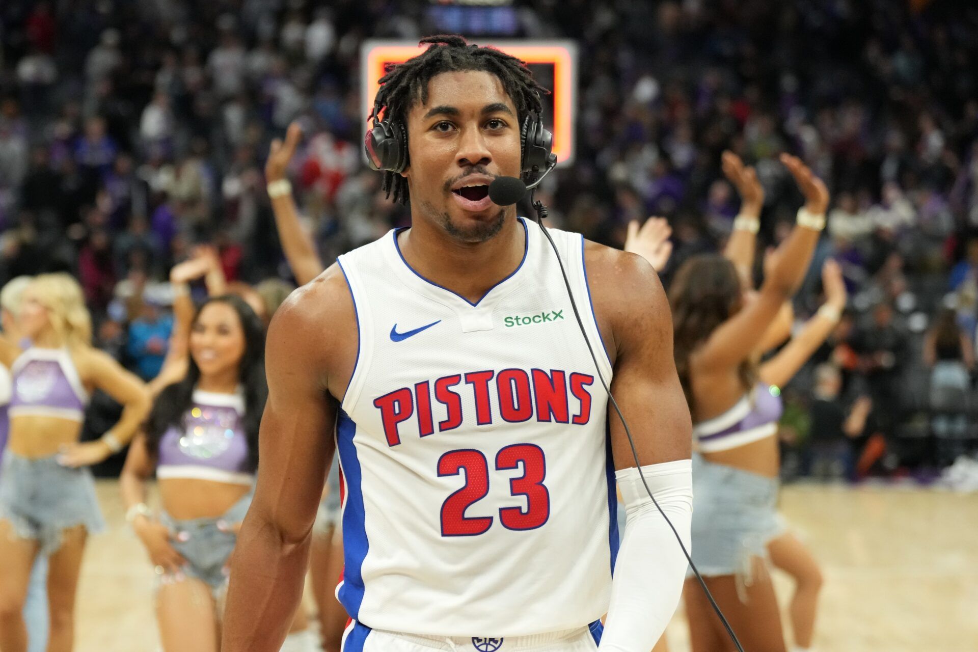 Detroit Pistons guard Jaden Ivey (23) is interviewed after the game after scoring a game-tying three point basket and drawing a foul against the Sacramento Kings, winning the game on a free throw at Golden 1 Center.