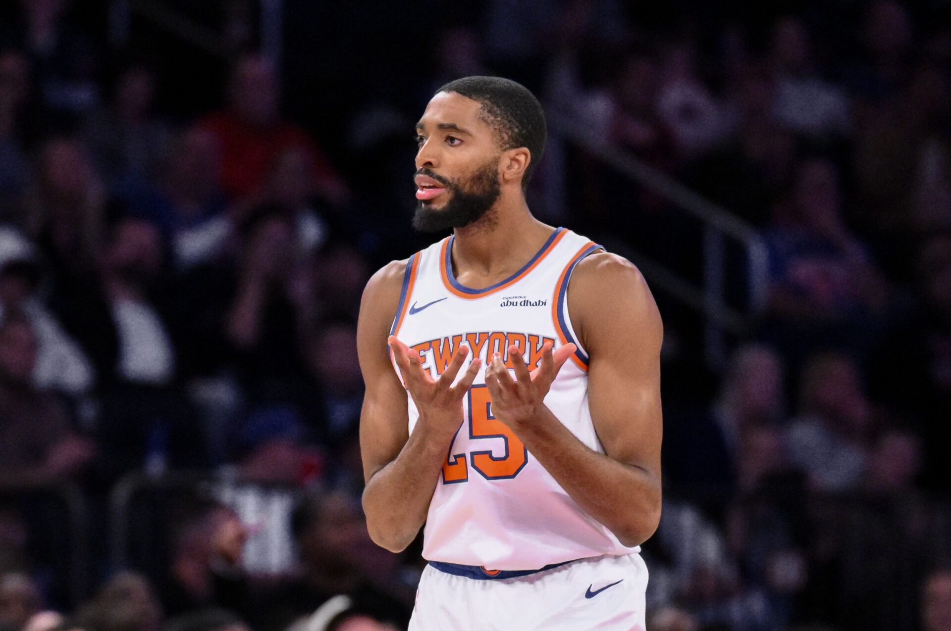 New York Knicks guard/forward Mikal Bridges (25) reacts after scoring a three point basket against the Minnesota Timberwolves during the second half at Madison Square Garden.