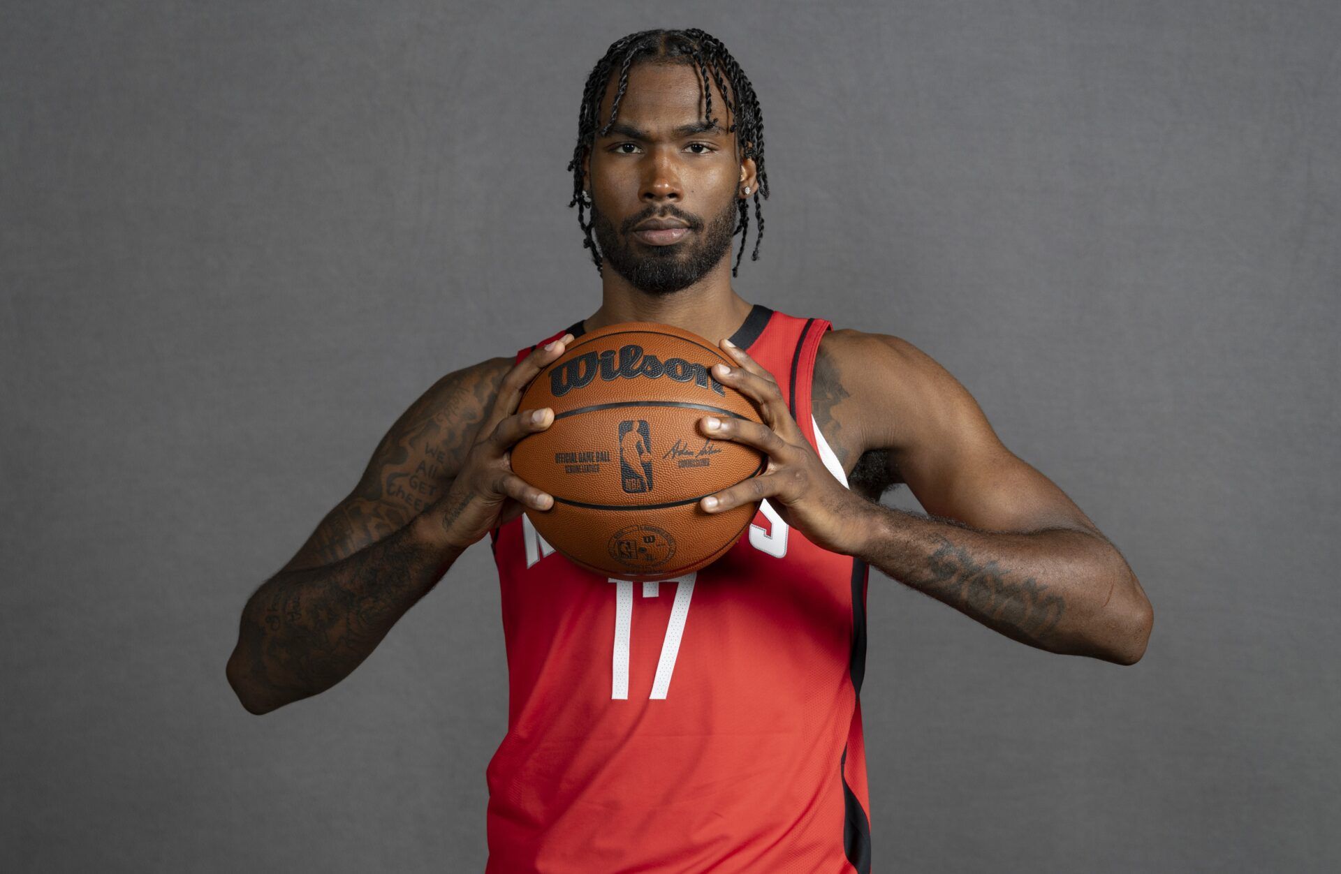 Houston Rockets forward Tari Eason (17) poses for a picture during Houston Rockets media day at Toyota Center.