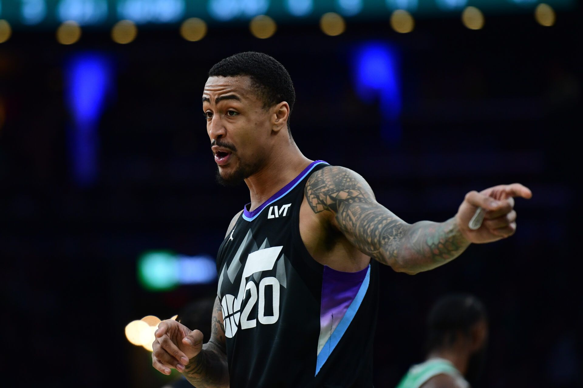 Utah Jazz forward John Collins (20) reacts towards the official after a non call during the first half against the Boston Celtics at TD Garden.