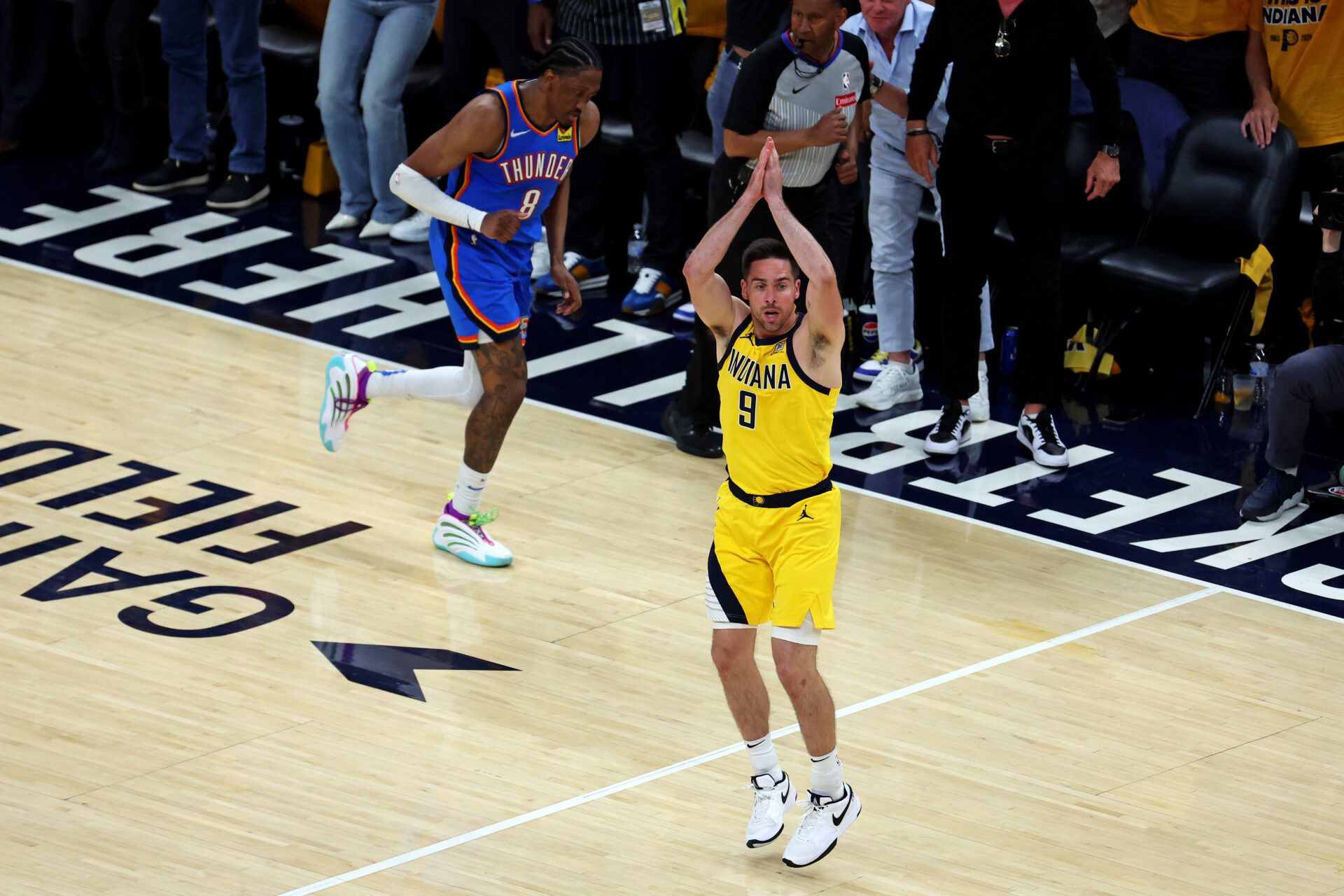 Indiana Pacers guard T.J. McConnell (9) celebrates after a play during the fourth quarter against the Oklahoma City Thunder in game three of the 2025 NBA Finals at Gainbridge Fieldhouse.
