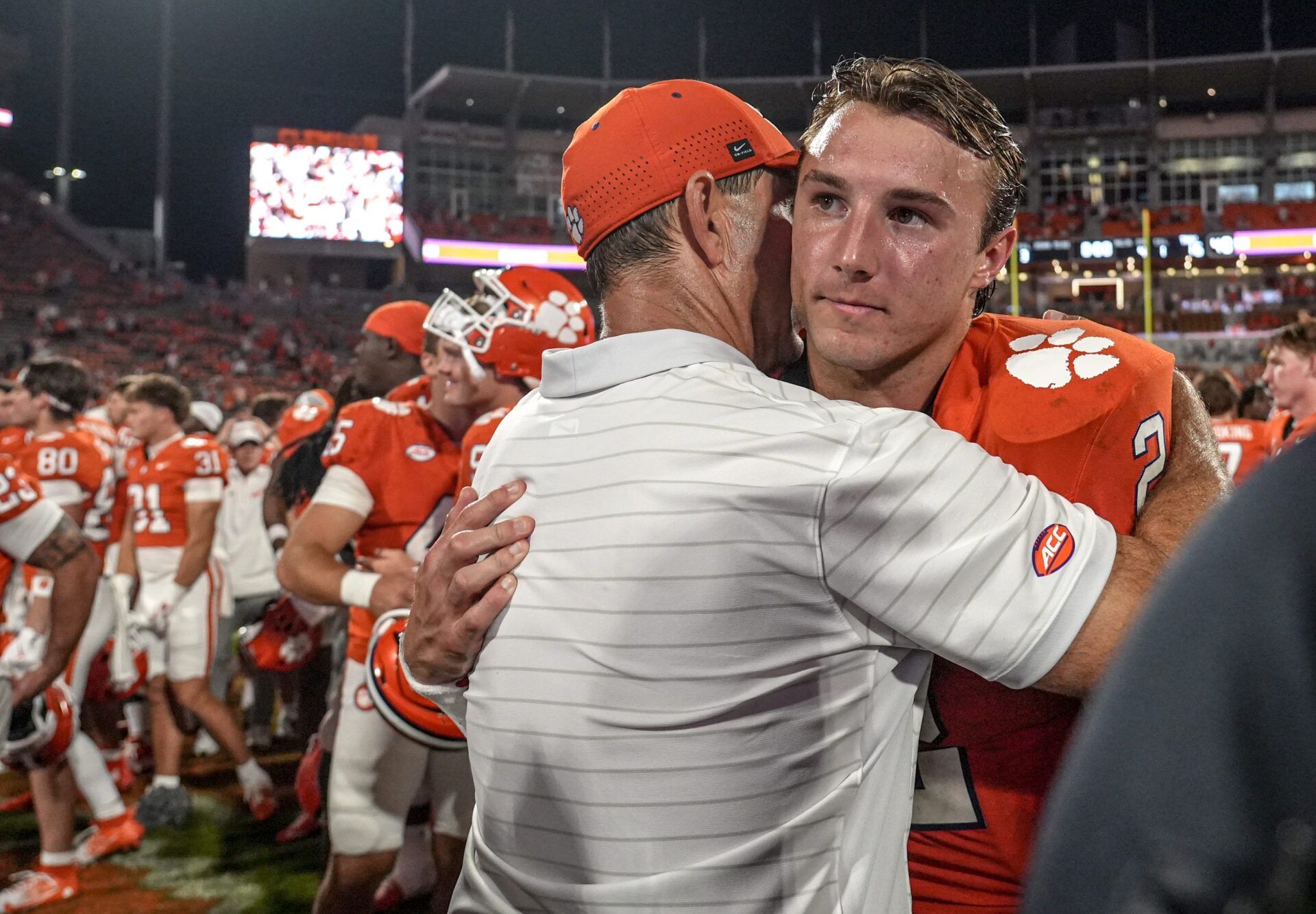 Clemson head coach Dabo Swinney hugs quarterback Cade Klubnik (2) after the game with Troy at Memorial Stadium Saturday, September 6, 2025 in Clemson, S.C.