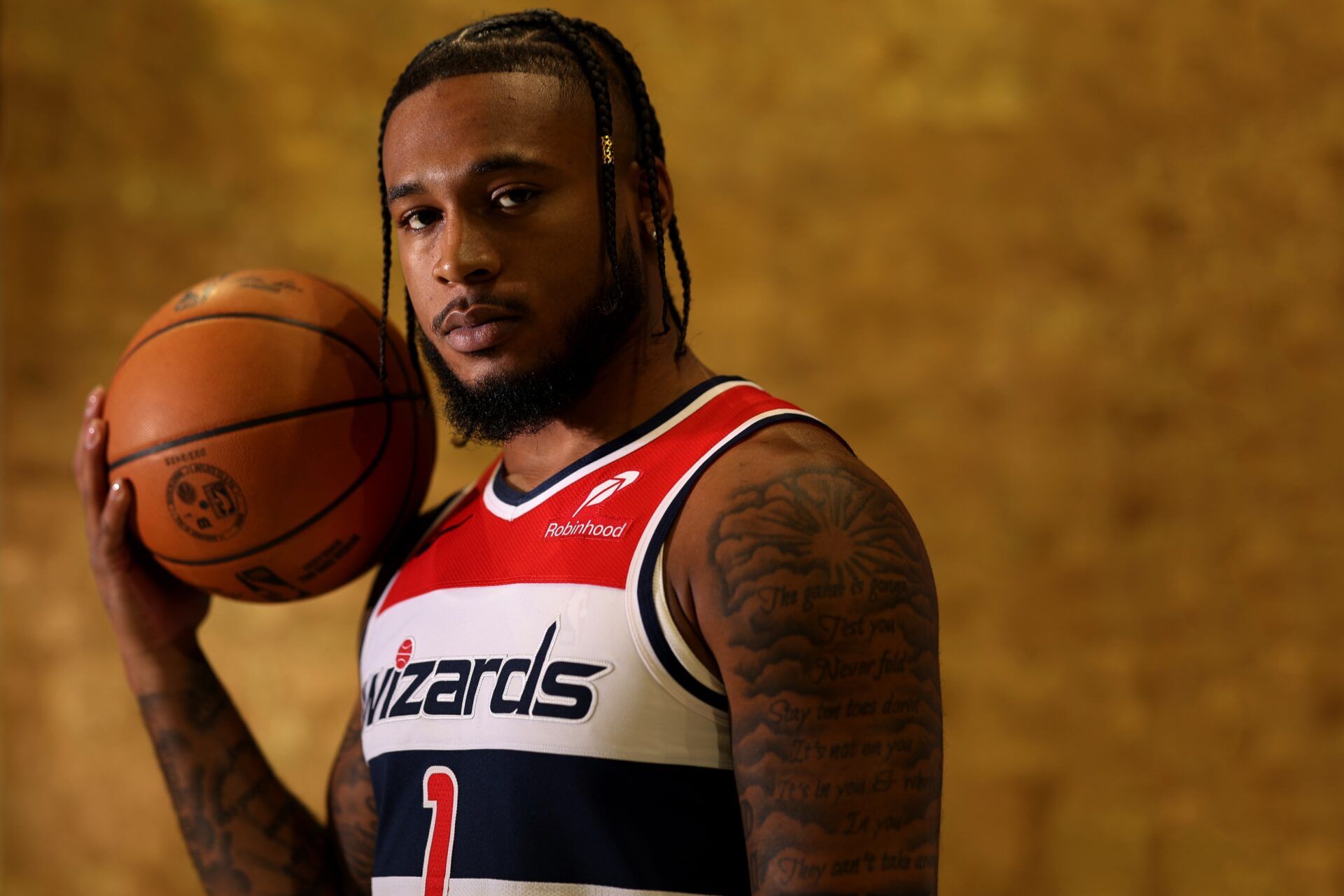 Washington Wizards forward Cam Whitmore (1) poses for a portrait during Wizards Media Day at CareFirst Arena.