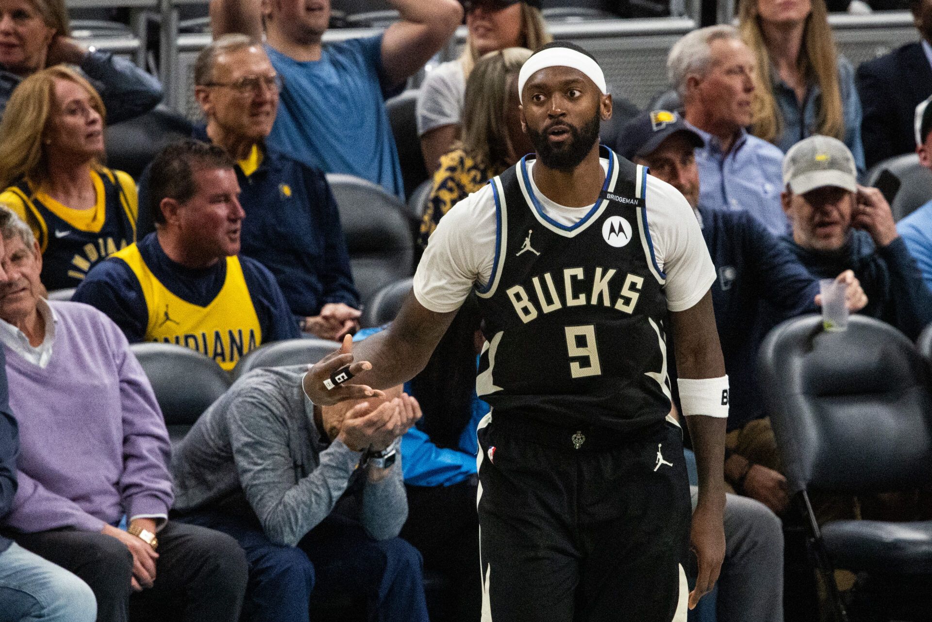 Milwaukee Bucks forward Bobby Portis (9) celebrates a made basket during game two of first round for the 2024 NBA Playoffs against the Indiana Pacers at Gainbridge Fieldhouse.