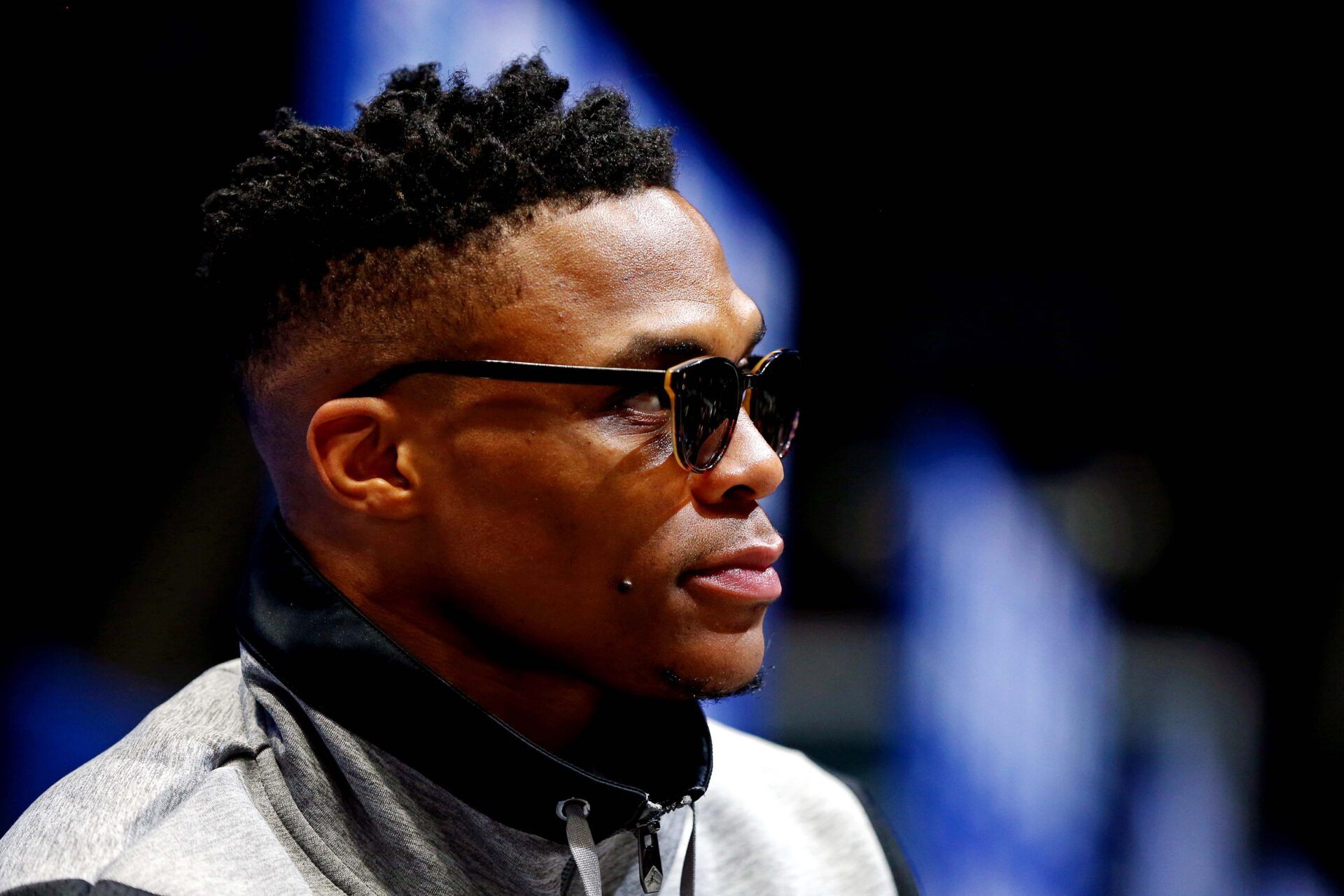 Team Giannis guard Russell Westbrook of the Oklahoma City Thunder (0) speaks during the NBA All-Star Media Day at Bojangles Coliseum.