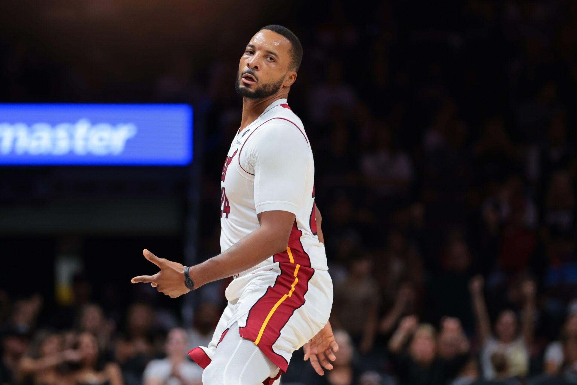 Miami Heat guard Norman Powell (24) reacts after scoring against the Milwaukee Bucks during the second quarter at Kaseya Center.
