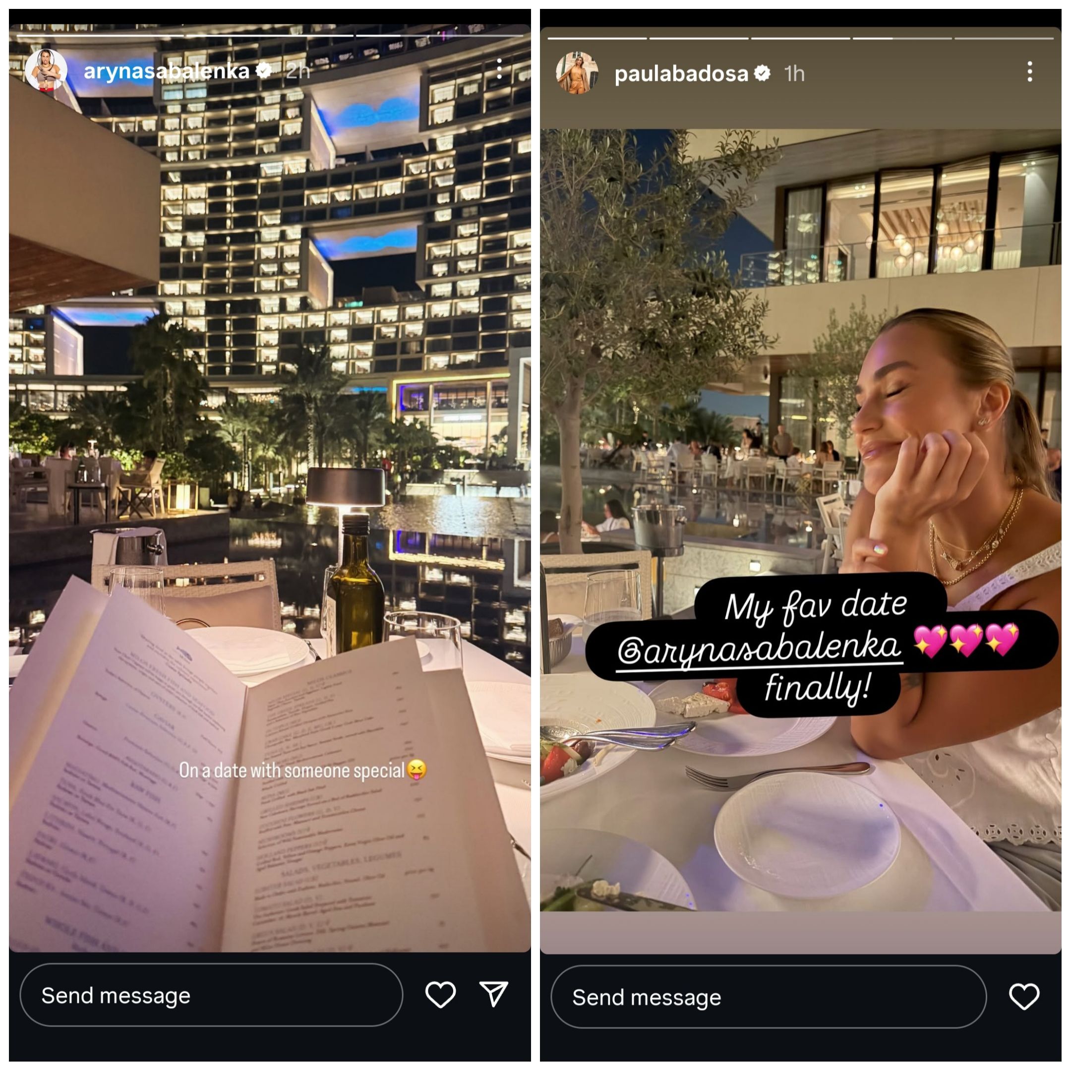 Screen grab of Aryna Sabalenka and Paula Badosa's Instagram stories