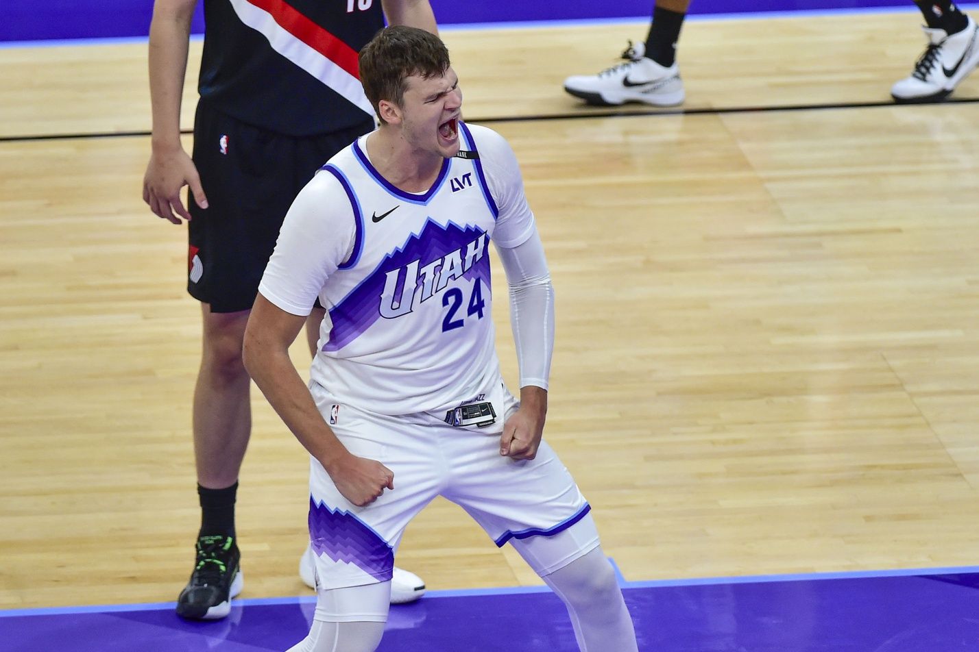 Utah Jazz center Walker Kessler (24) celebrates after his slam dunk during the second half against the Portland Trail Blazers at Delta Center.