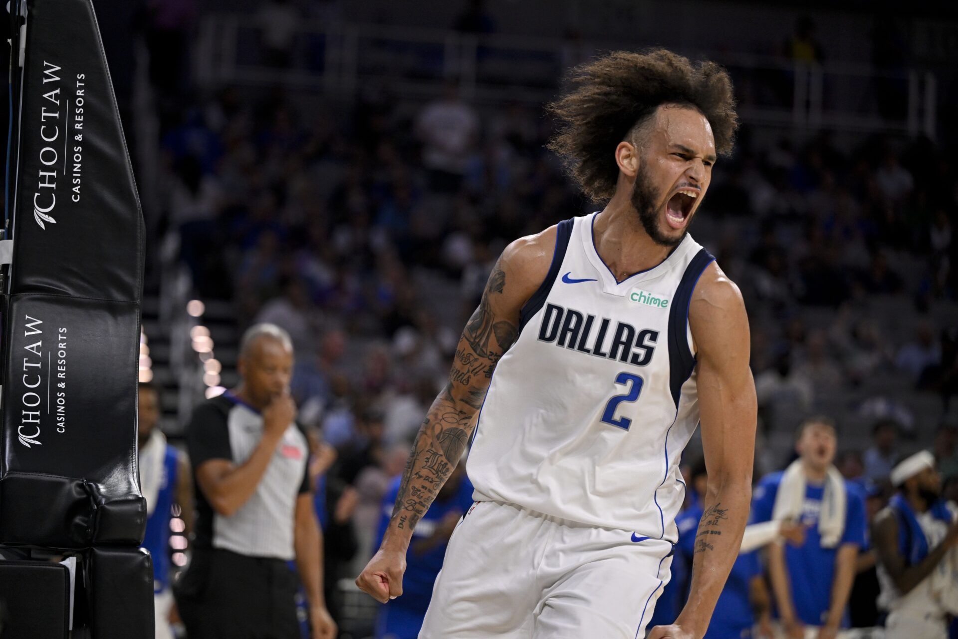 Dallas Mavericks center Dereck Lively II (2) celebrates after he dunks the ball during the second quarter against the Oklahoma City Thunder at Dickie's Arena.