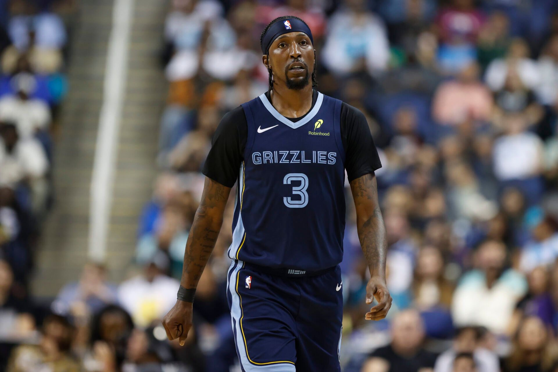 Memphis Grizzlies guard Kentavious Caldwell-Pope (3) walks up the court during the second half against the Charlotte Hornets at First Horizon Coliseum.