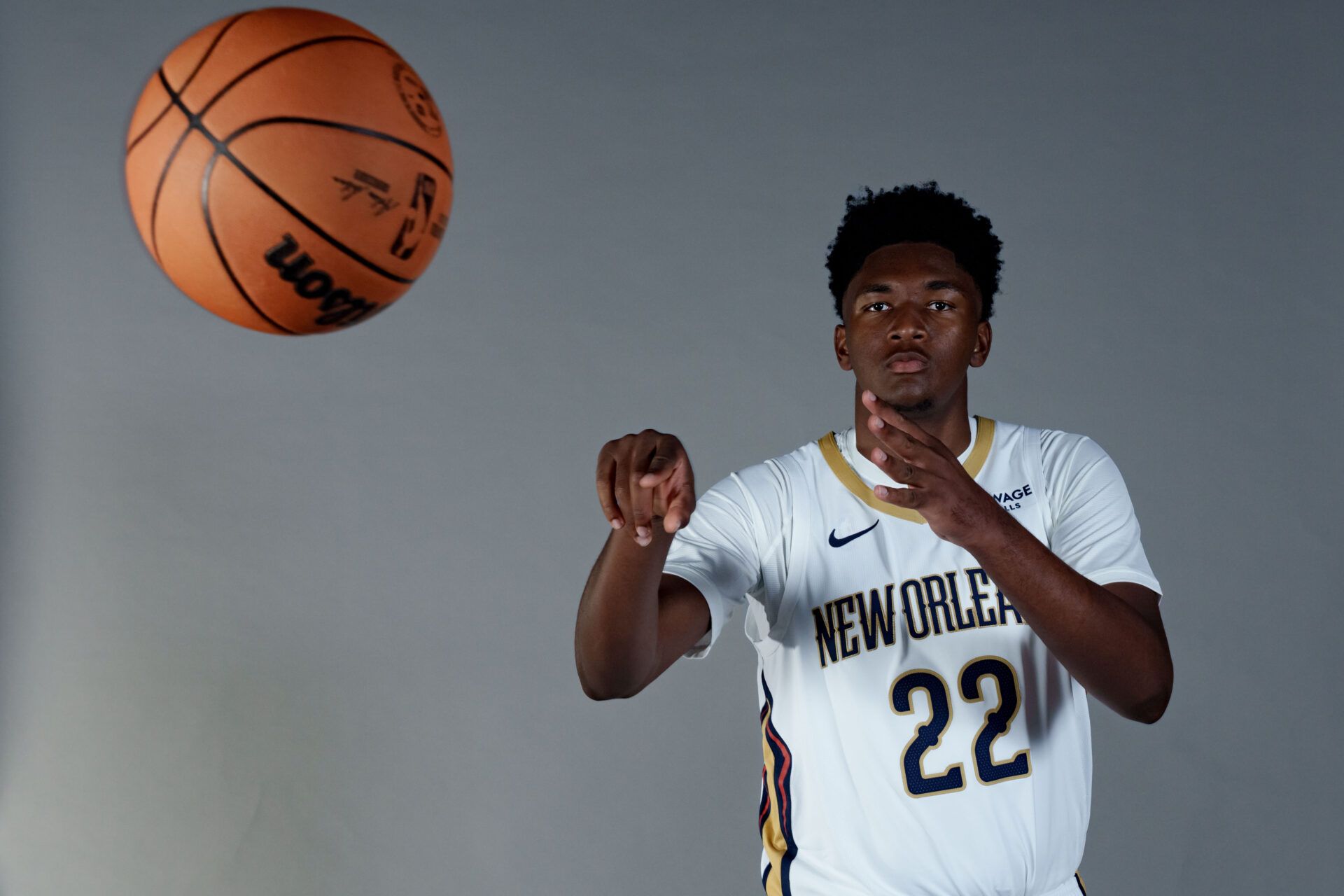 New Orleans Pelicans center Derik Queen (22) takes part in media day at Ochsner Sports Performance Center.