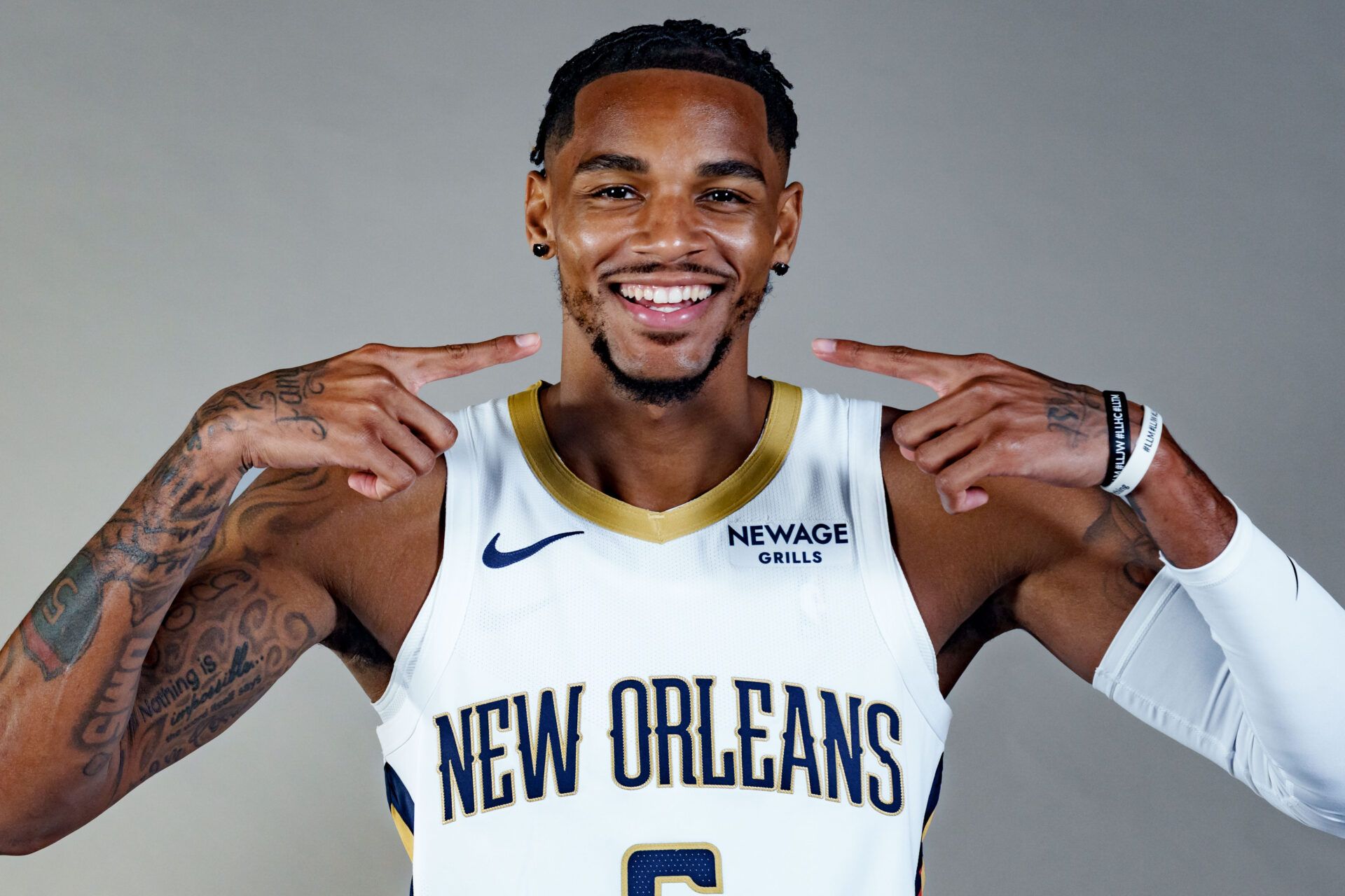 New Orleans Pelicans guard Dejounte Murray (5) takes part in media day at Ochsner Sports Performance Center.