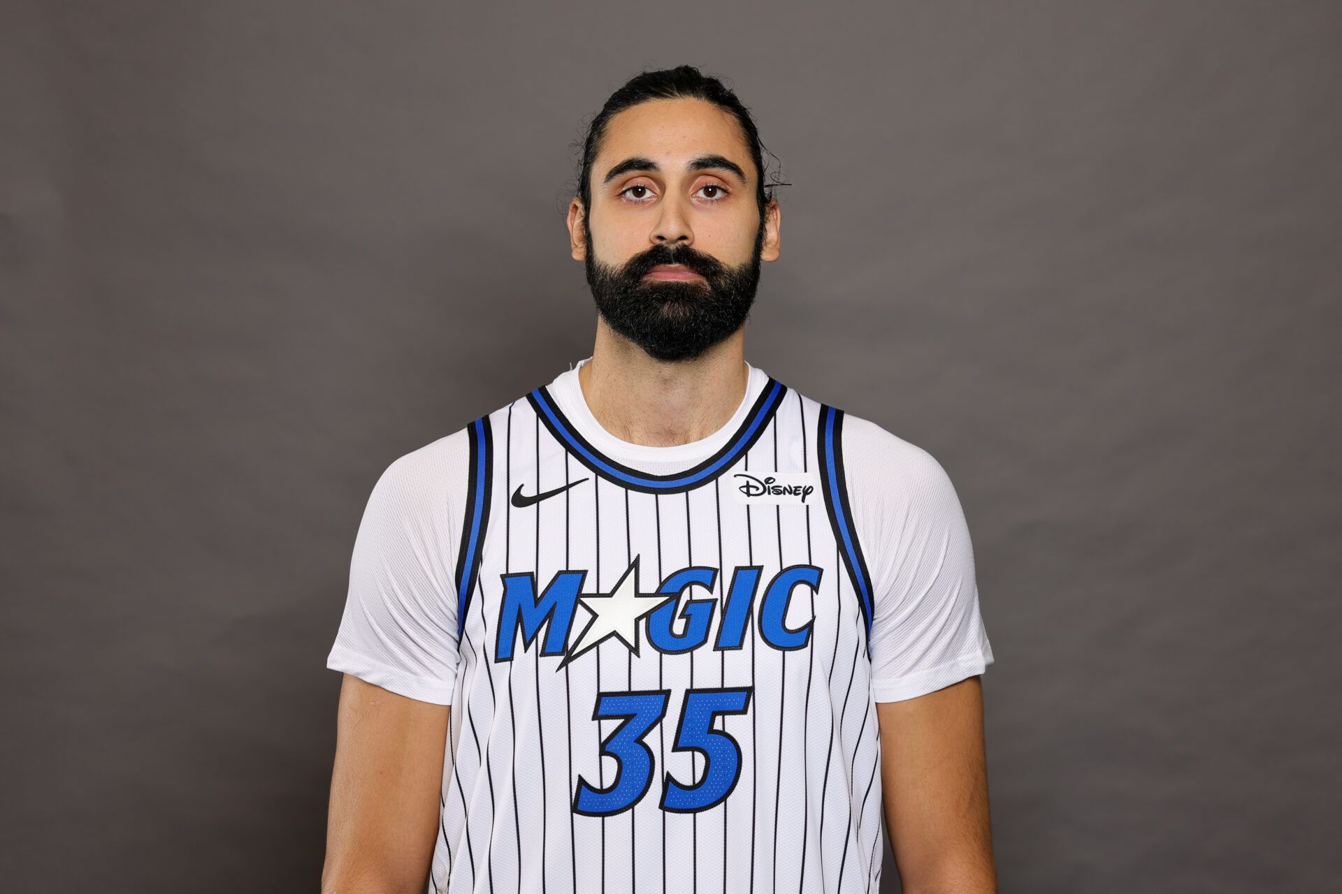 Orlando Magic center Goga Bitadze (35) poses for a picture during Magic-Media Day at AdventHealth Training Center.