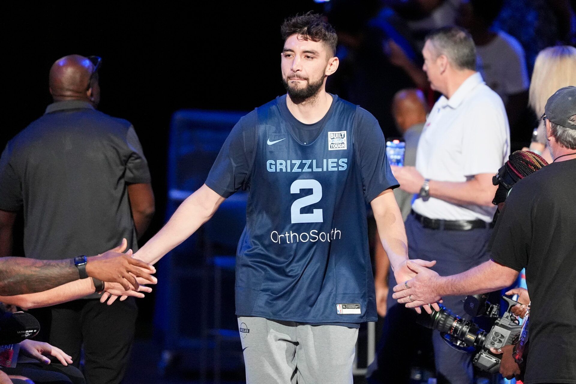 Grizzlies' Ty Jerome (2) walks onto the court for open practice at the FedExForum on October 4, 2025, in Memphis, Tenn.
