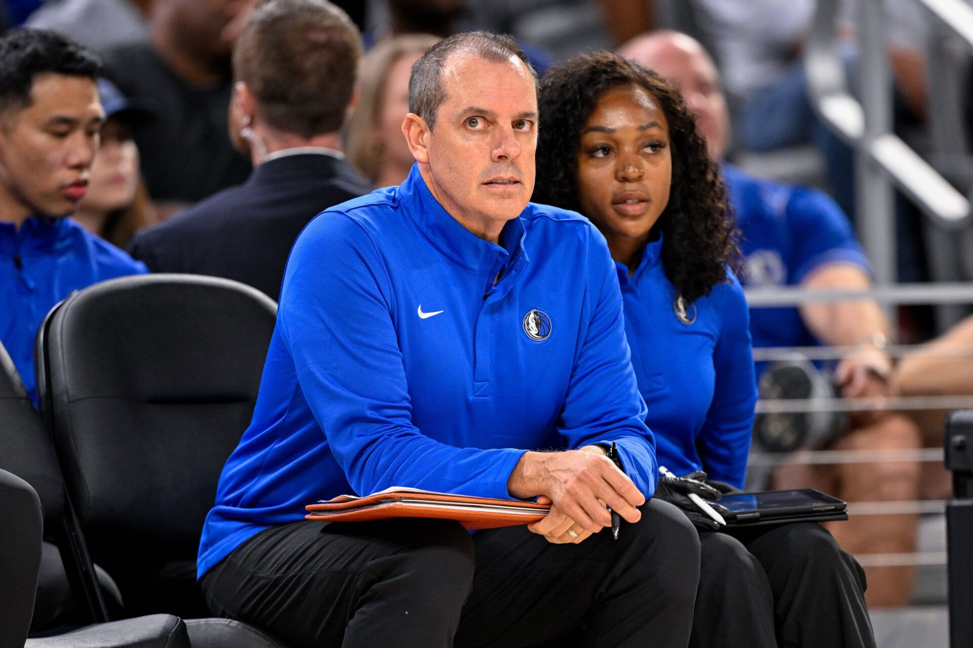 Dallas Mavericks assistant coach Frank Vogel watches the game between the Mavericks and the Oklahoma City Thunder during the second half at Dickie's Arena.