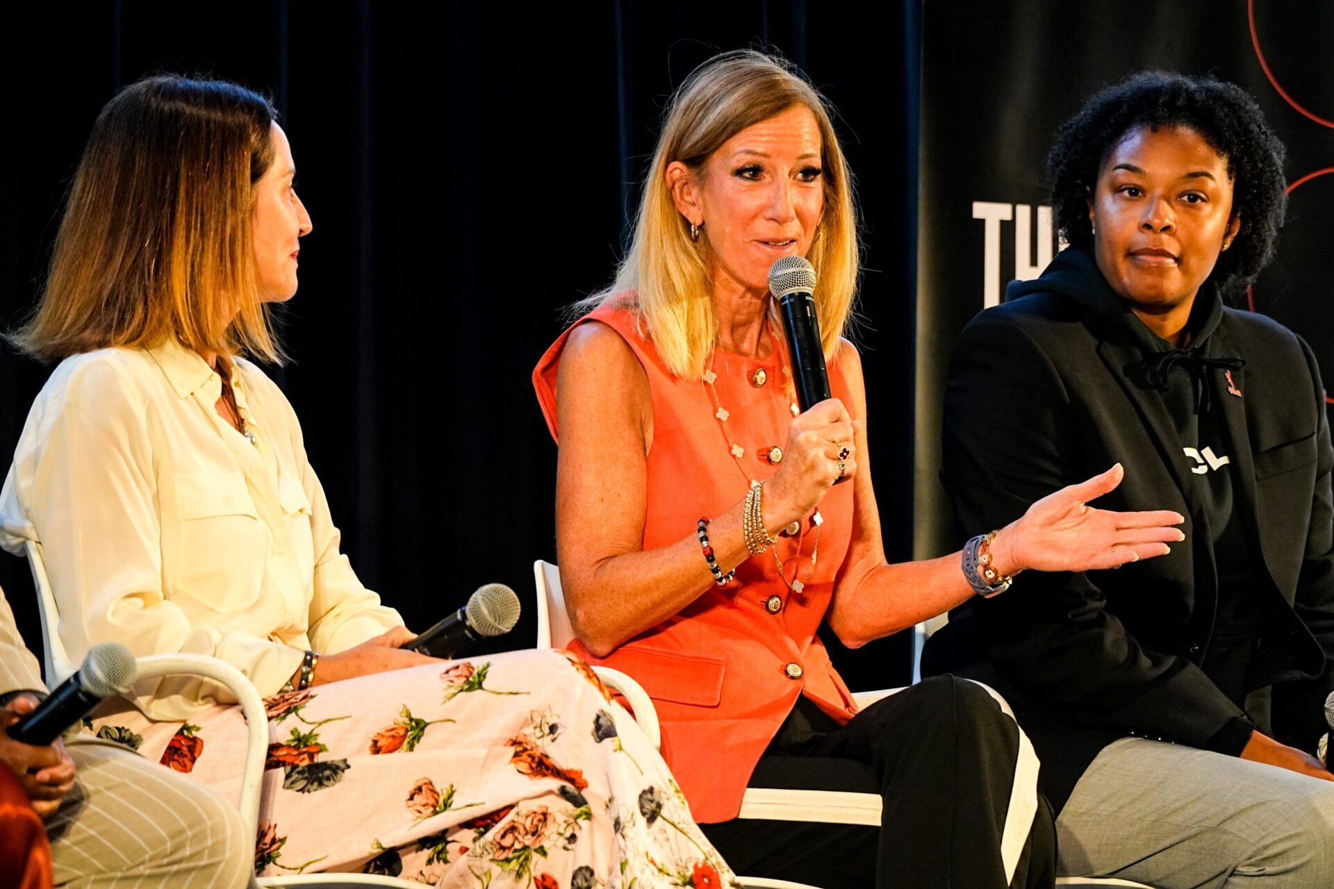 WNBA Commissioner Cathy Engelbert, center, addresses female student-athletes during a Cleveland WNBA event celebrating the return of professional women’s basketball to Ohio, Sept. 16, 2025, at Rocket Arena, in Cleveland.