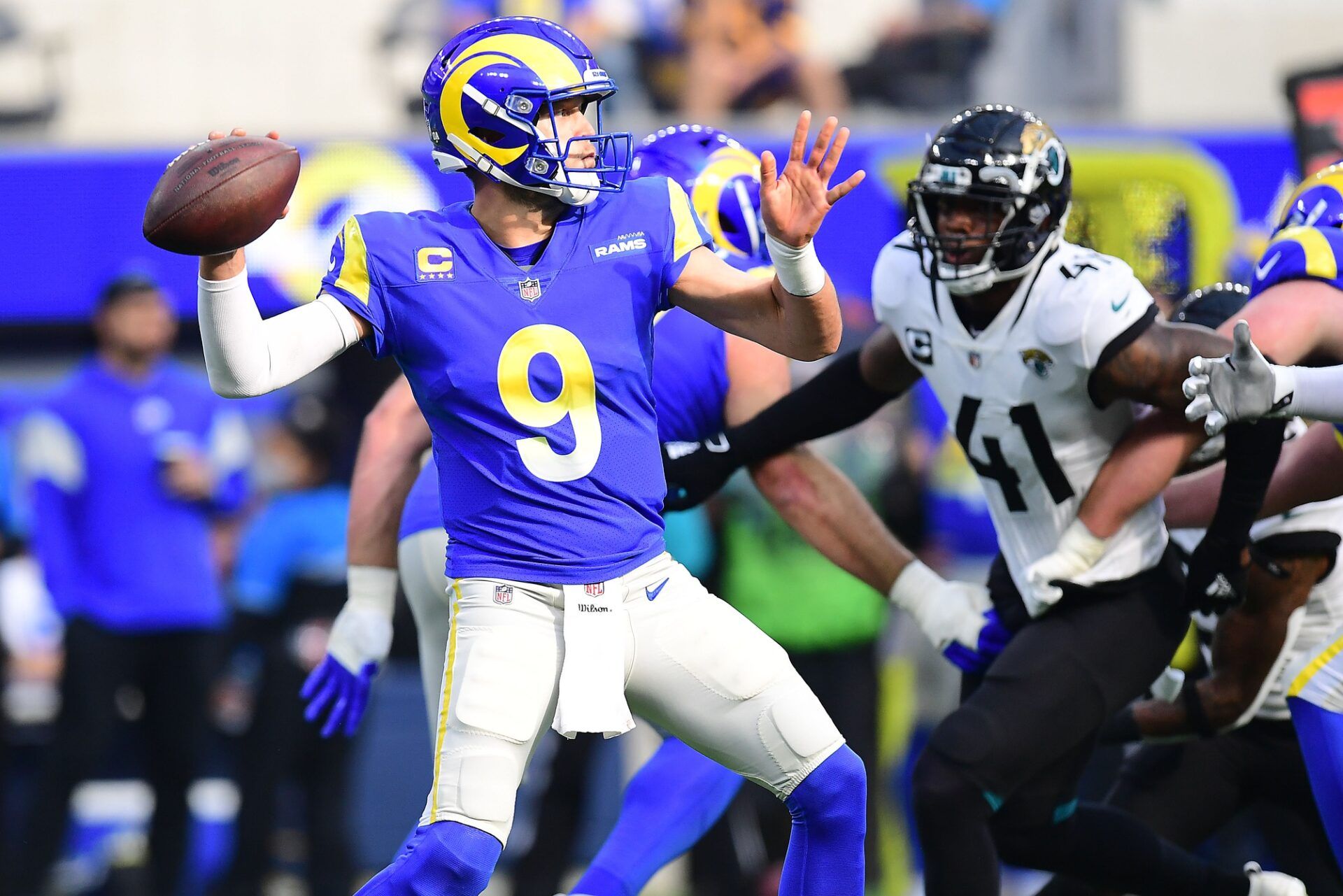 Los Angeles Rams quarterback Matthew Stafford (9) throws against the Jacksonville Jaguars during the first half at SoFi Stadium.