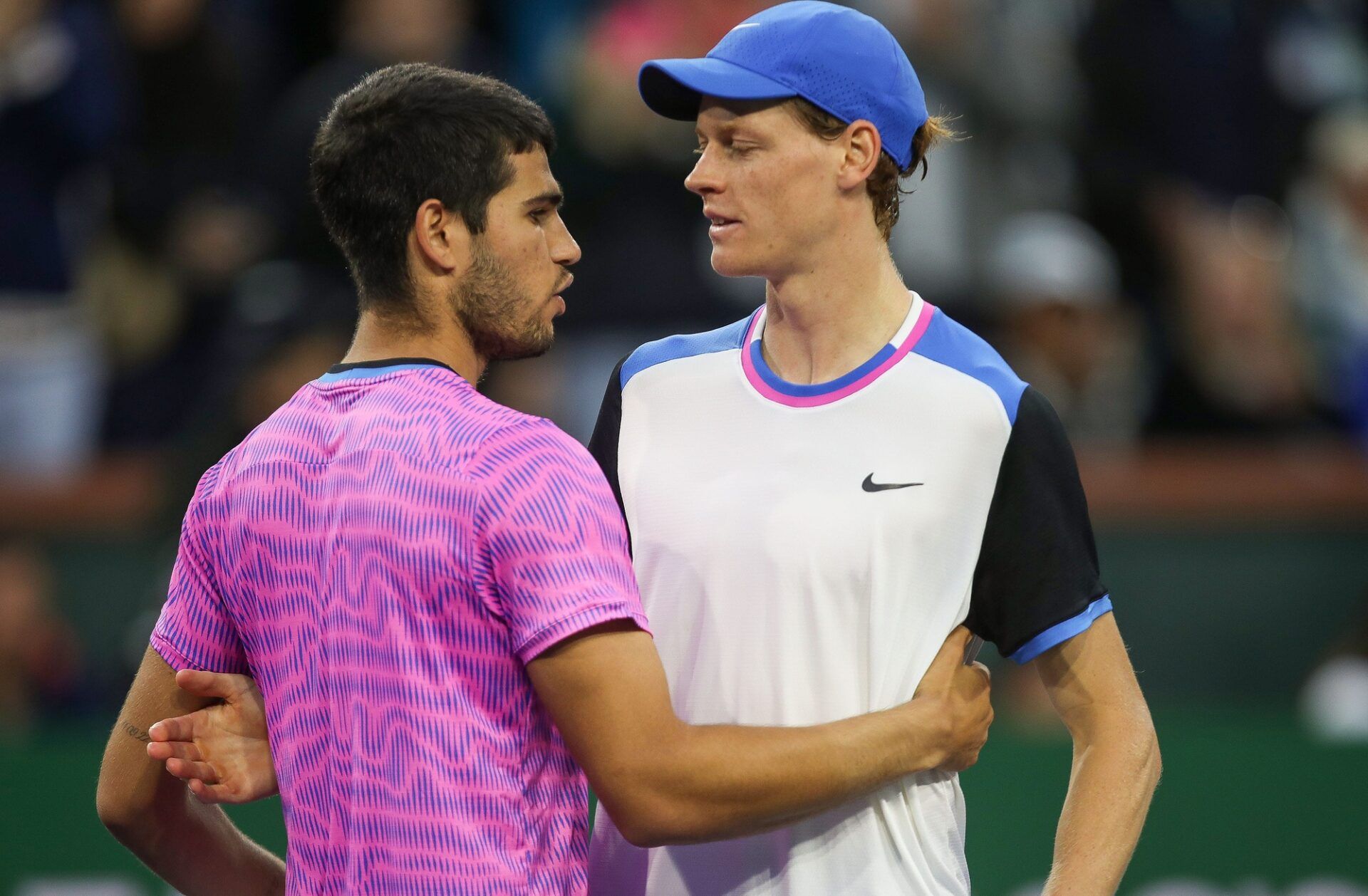 Carlos Alcaraz, left, and Jannik Sinner, shown on March 16, 2024, meet in the 2025 Wimbledon final on July 13.