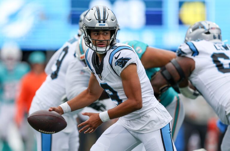 Carolina Panthers quarterback Bryce Young (9) seen with the ball during the first quarter against the Miami Dolphins at Bank of America Stadium.